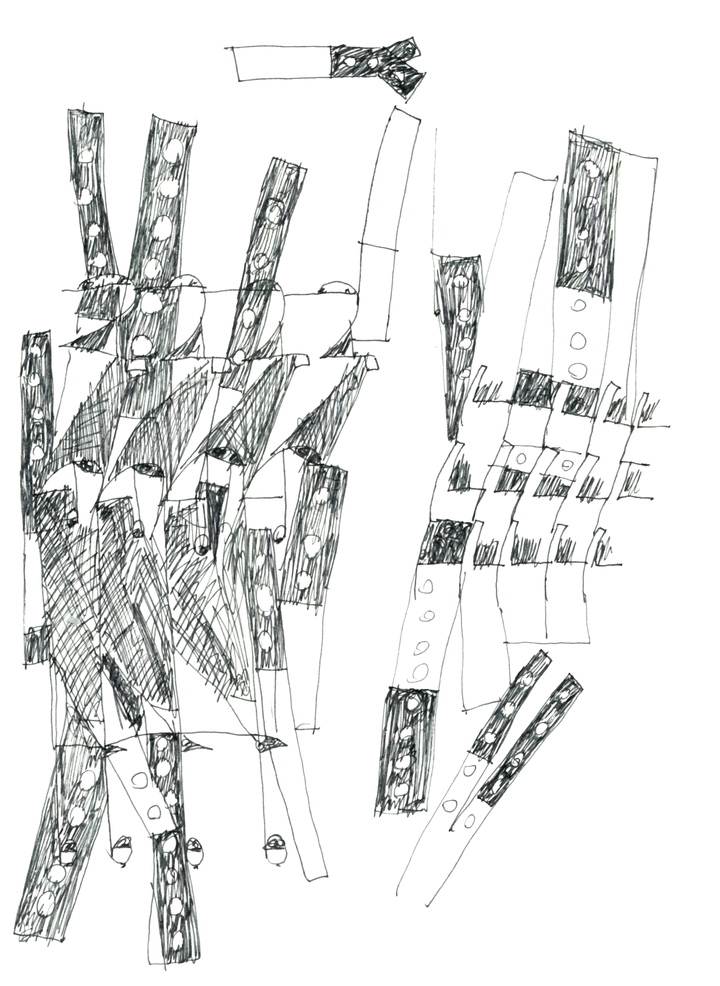 drawing in thin pen of sticks with holes, shaded and unshaded at each end overlapping and thrown together