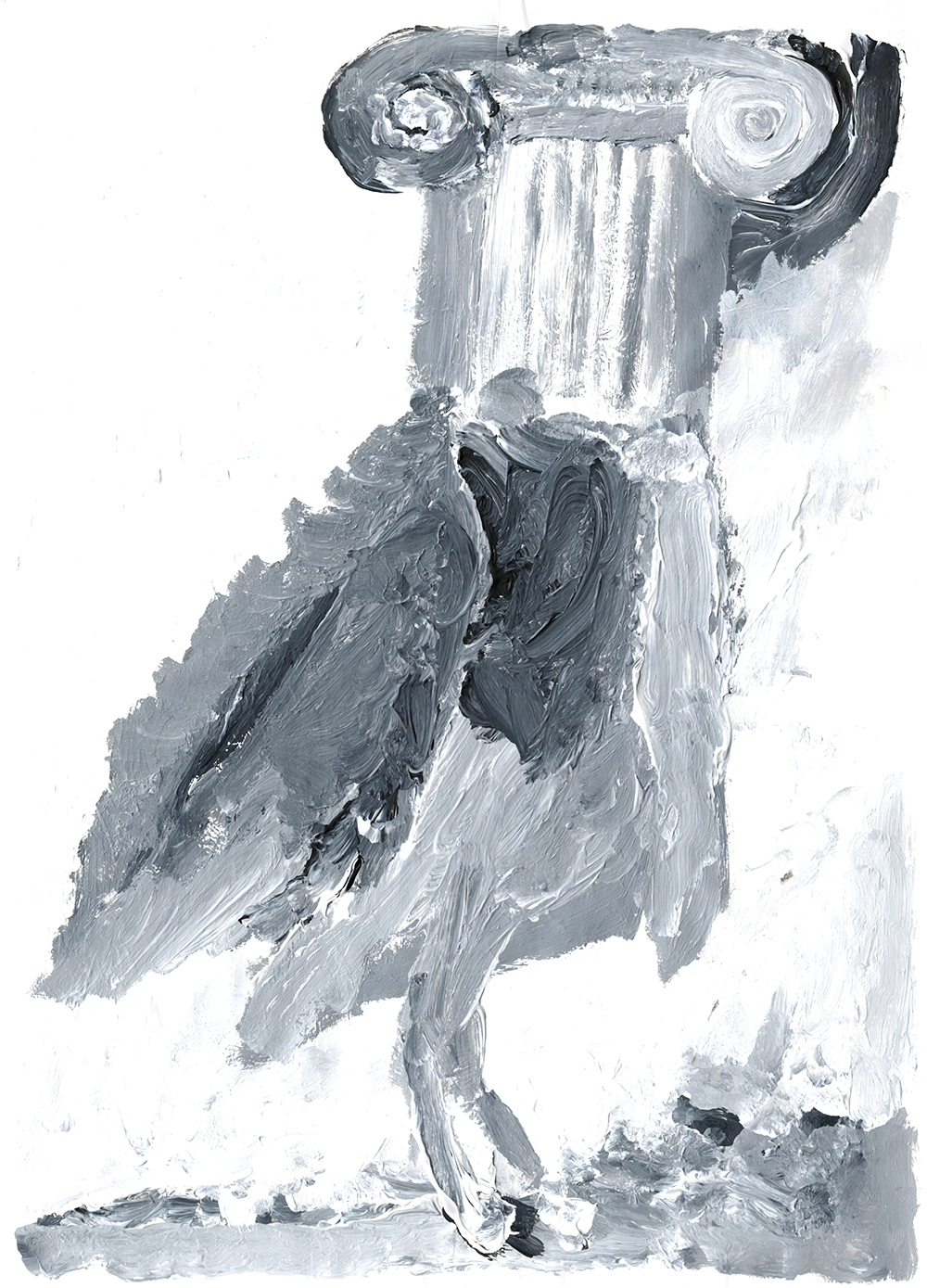 painting in greyscale of a bird standing on the ground, its neck and head replaced by an ionic column capital