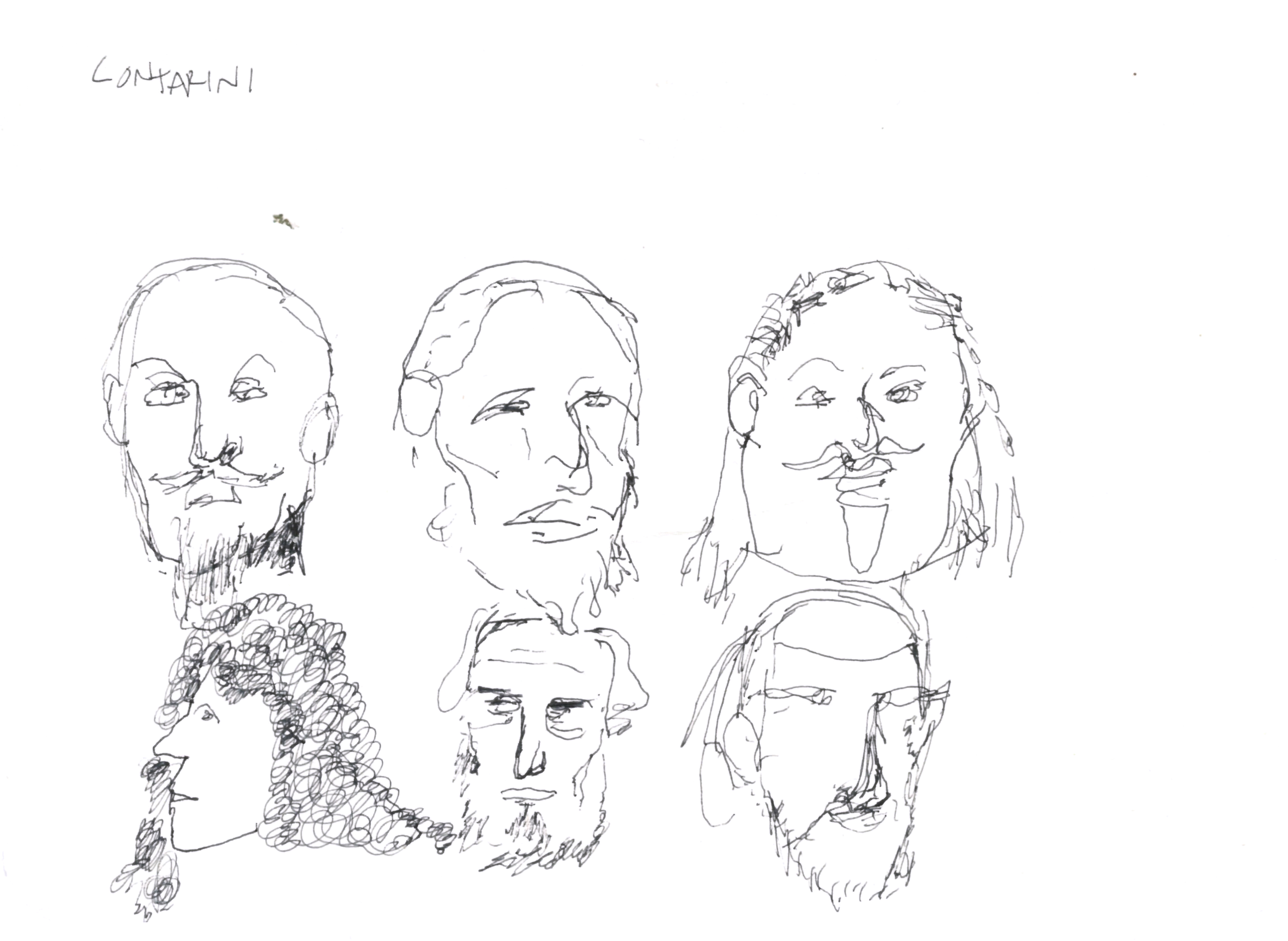 drawing in pen of six heads, five frontal and one in profile, none smiling and most with various facial hair