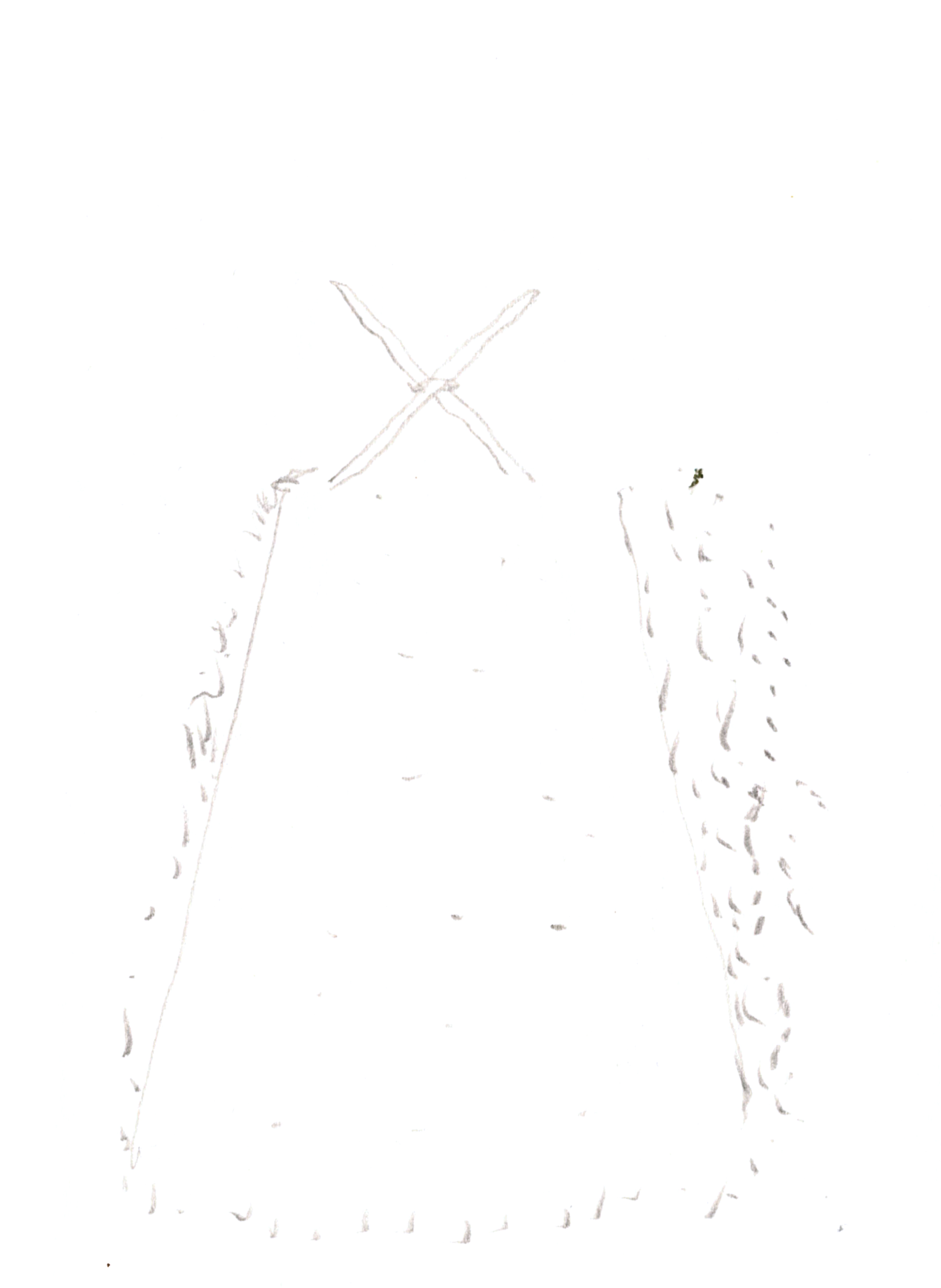 drawing in pencil of a grave in perspective with small grass around the edge and an X shaped stick at the head