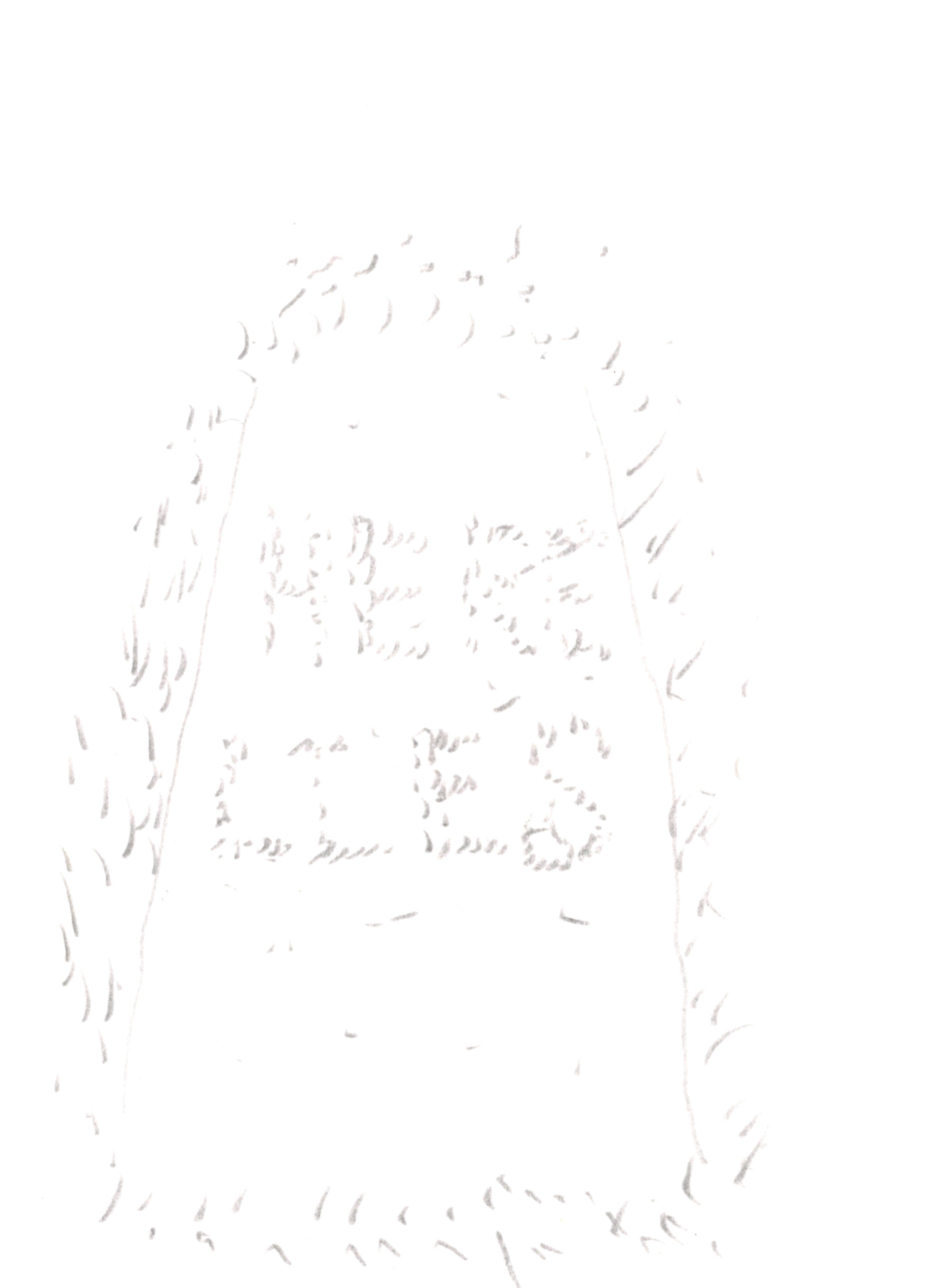 drawing in pencil of a grave in perspective with small grass around the edges and the words "HERE LIES" in grass in the middle
