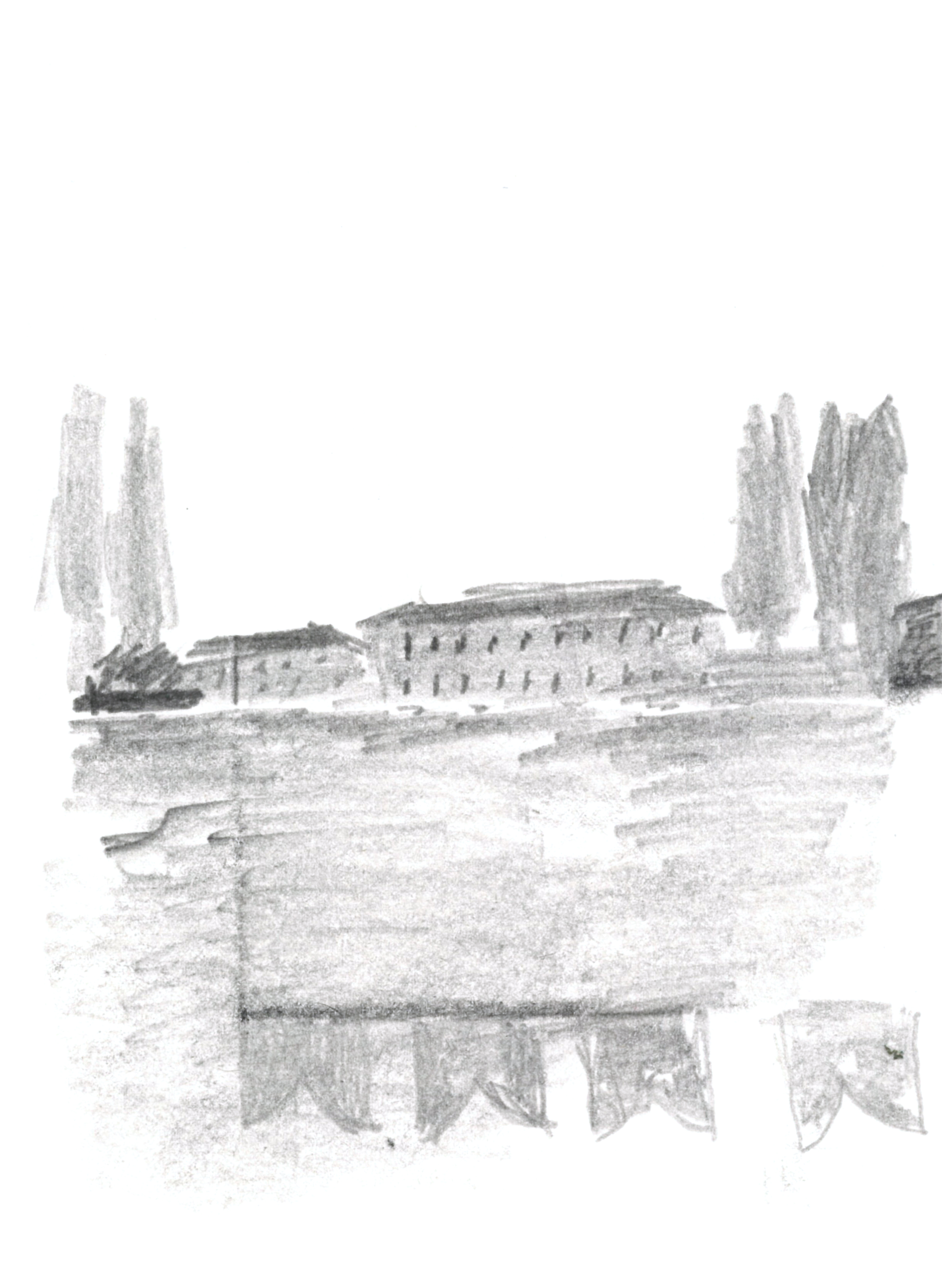 drawing in pencil of an Italian villa across the water surrounded by large trees