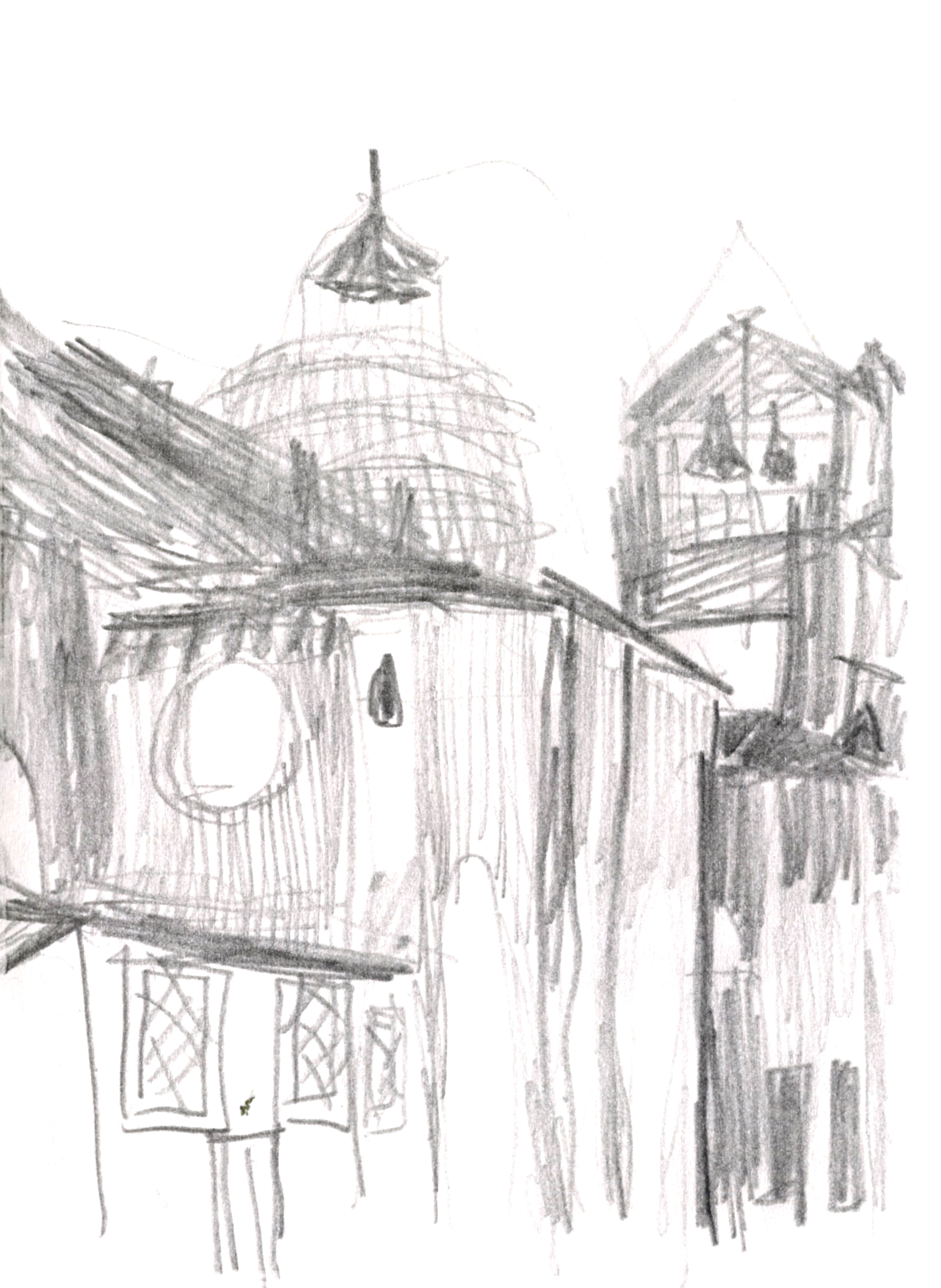 drawing in pencil of a renaissance basilica exterior with a dome in the background and a campanile to the upper right
