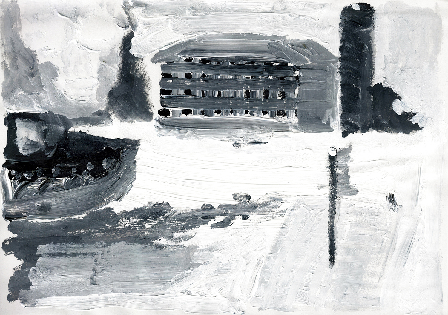 acrylic painting in grayscale of a venetian palazzo across a body of water with a vaporetto sailing in from the left side of the frame and a small dingy off to the right with a small sail