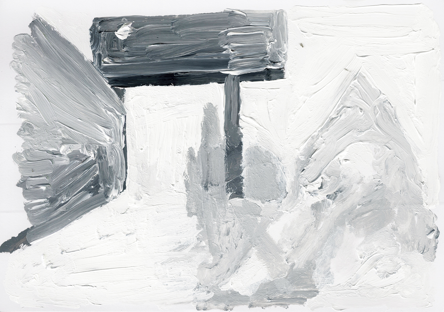 acrylic painting in grayscale of a large beam supported on one end by a wall and the other by a slender column
