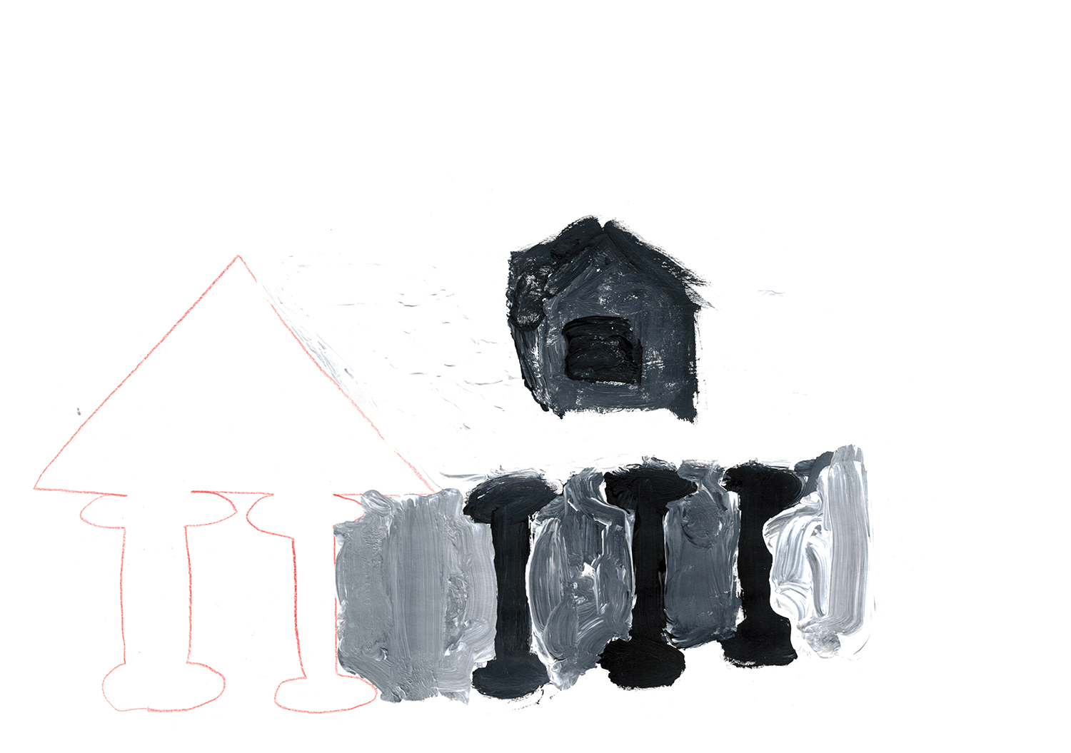 acrylic painting in grayscale of a red-line fronted temple with a small dormer