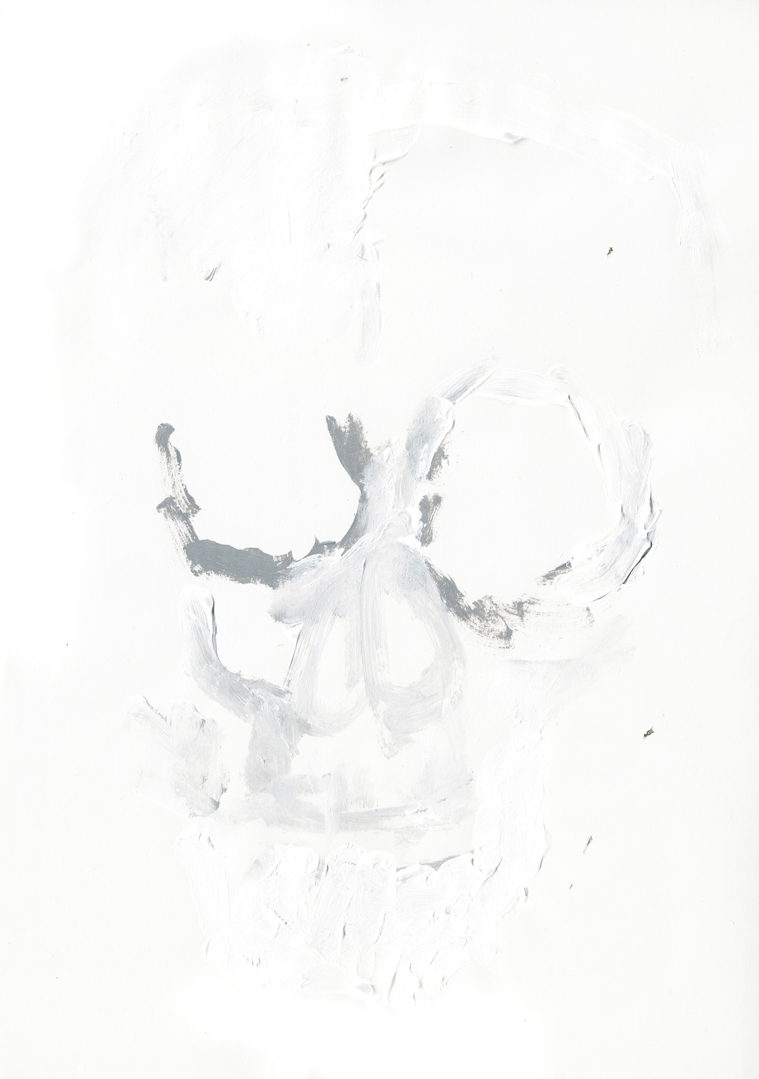 acrylic painting in grayscale of a human skull with eye sockets slightly darker in tone