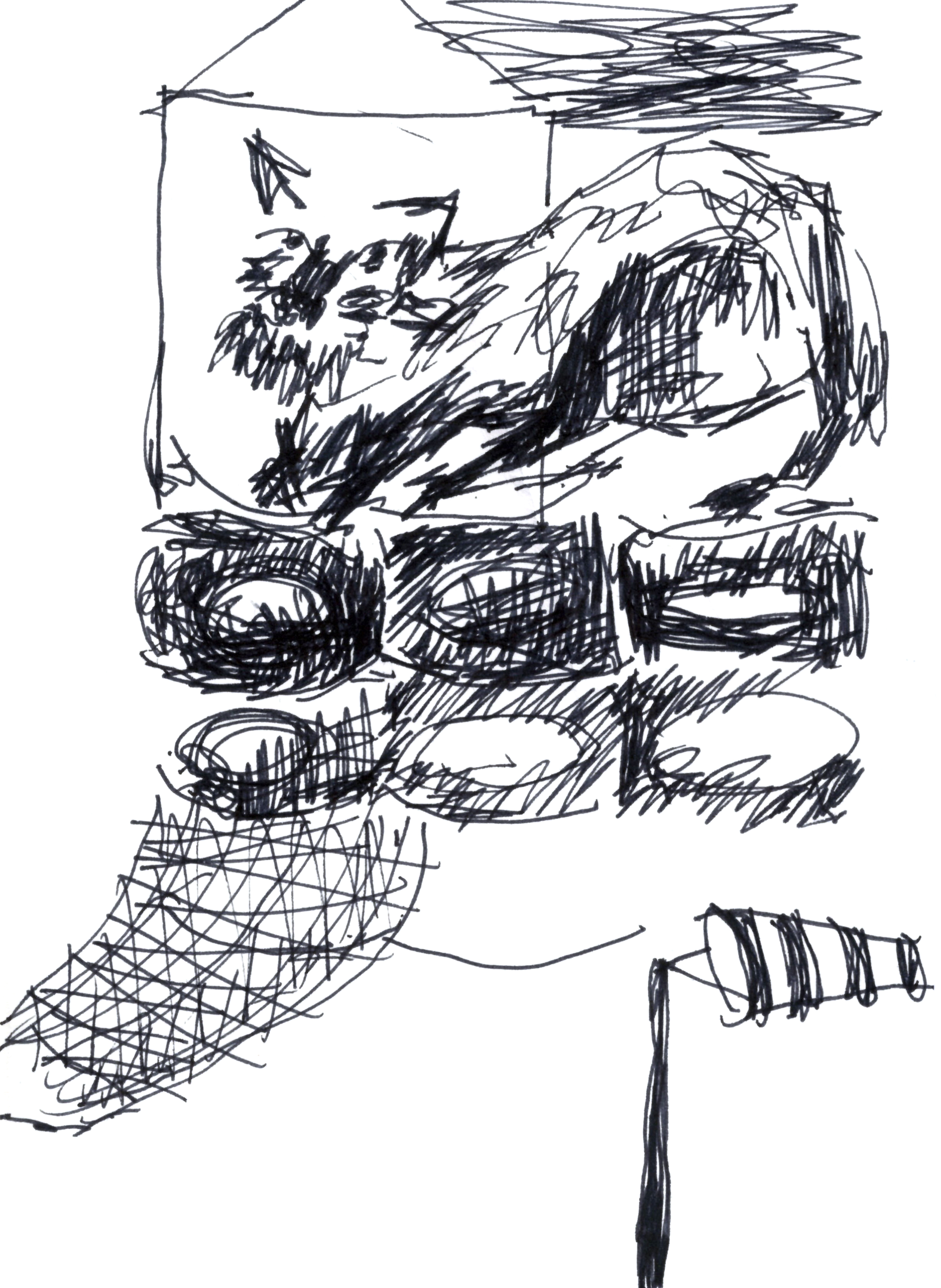drawing in pen of a dog in a dog house and a wind sock flying to the right in the bottom right corner
