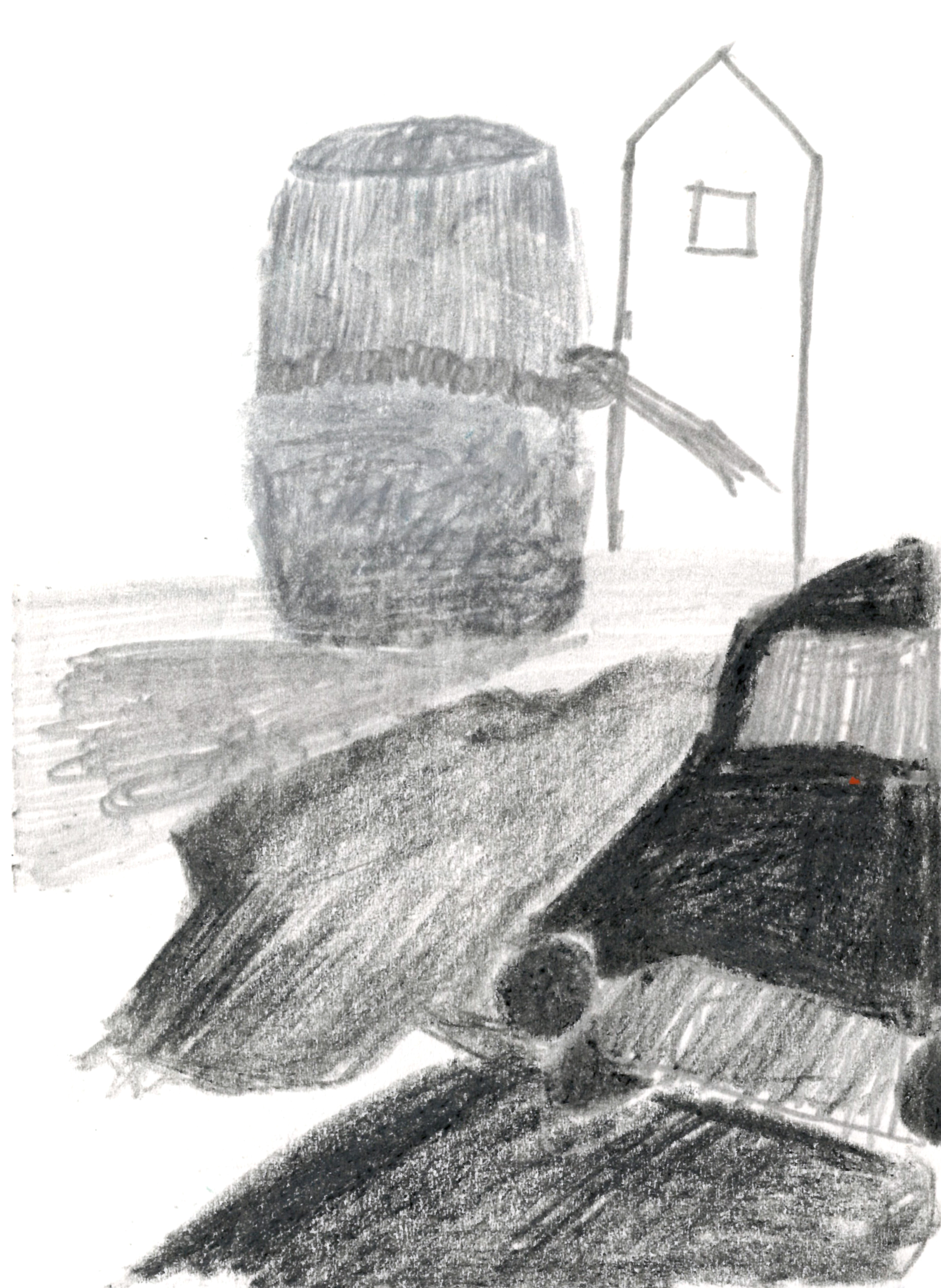 pencil drawing of a large barrel on a hillside standing in front of a thin tower with a single window, and a car driving to the left of the page casting a large shadow across the ground