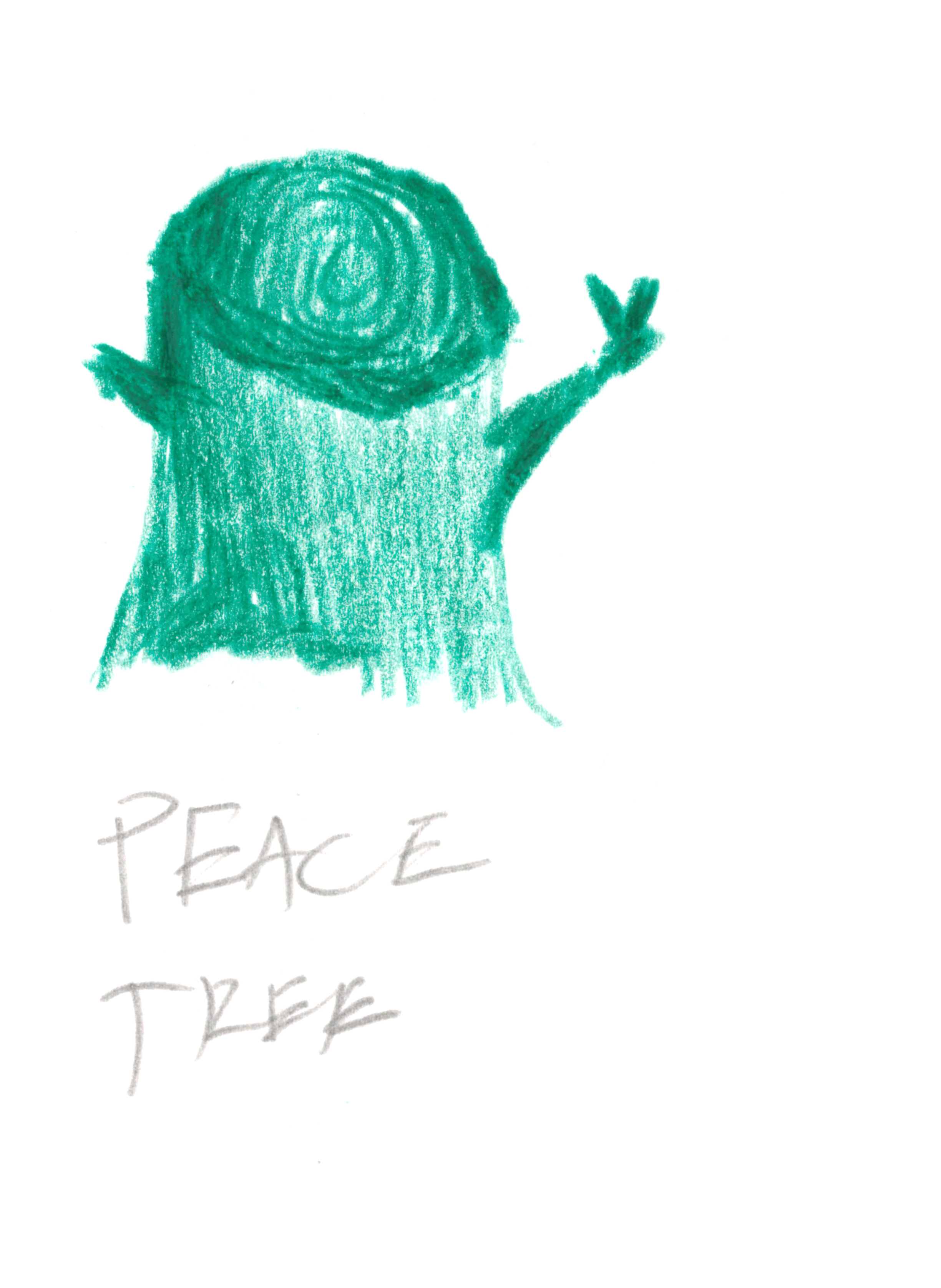 colored-pencil drawing of a tree stump with a small branch resembling a peace sign, with the words "PEACE TREE" written below