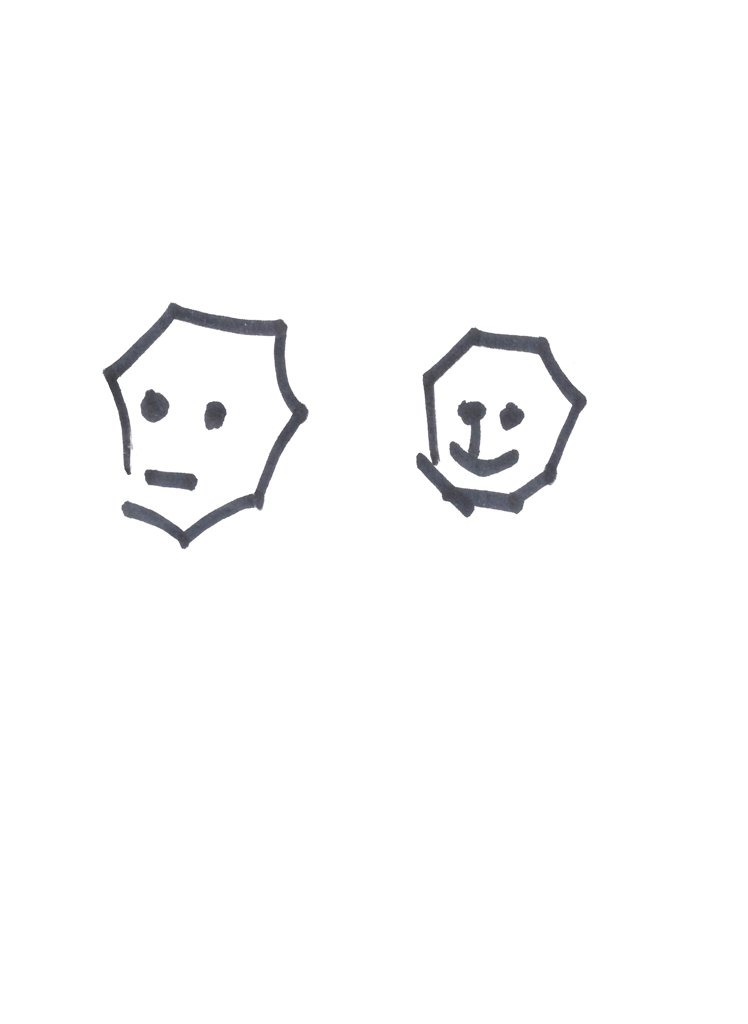 drawing in black marker of two octogonal faces, one on the left not smiling and the other smiling