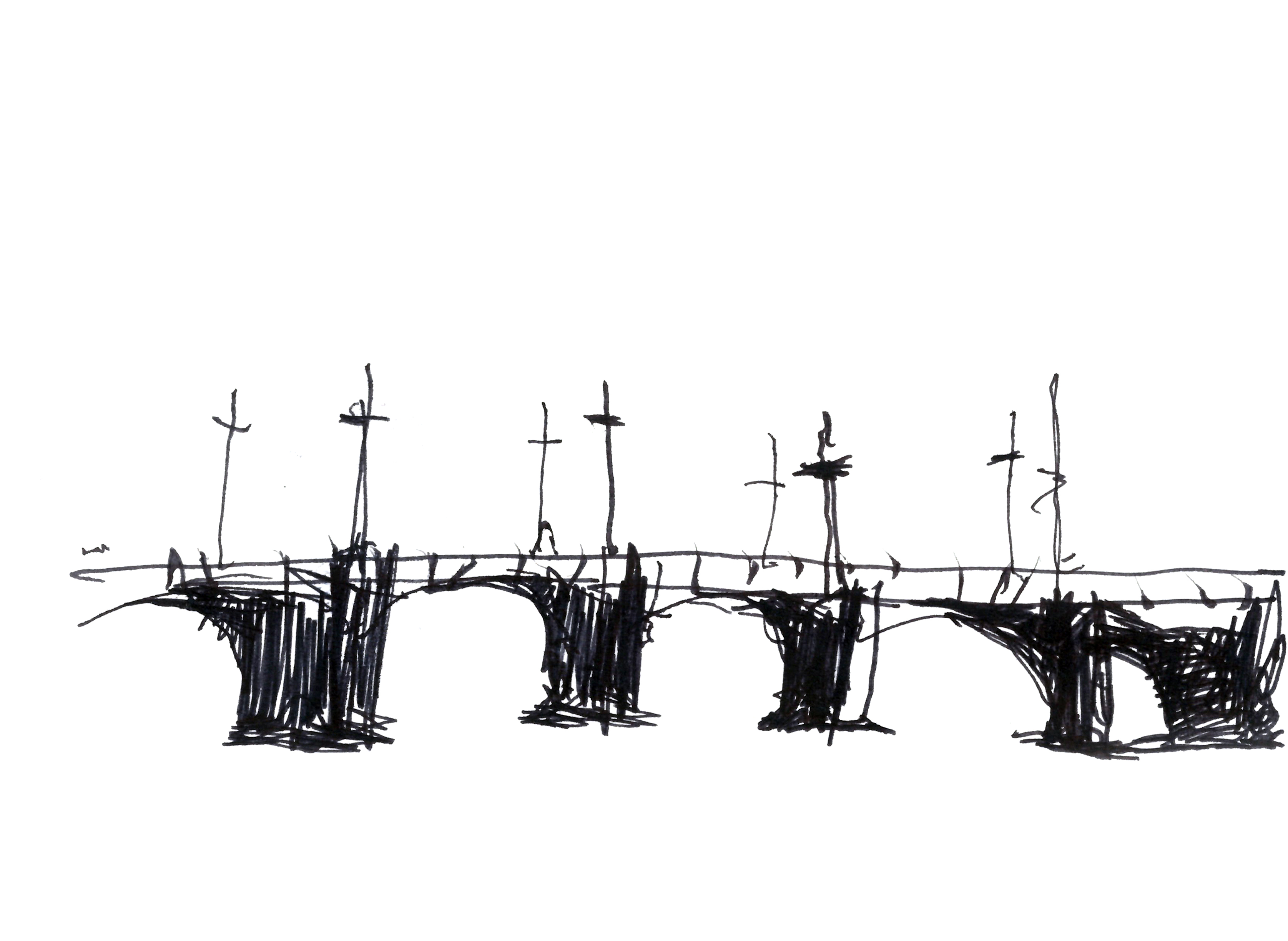 pen drawing in black of a bridge running horizontally along the page, underneath with arches and above with some poles at each pier