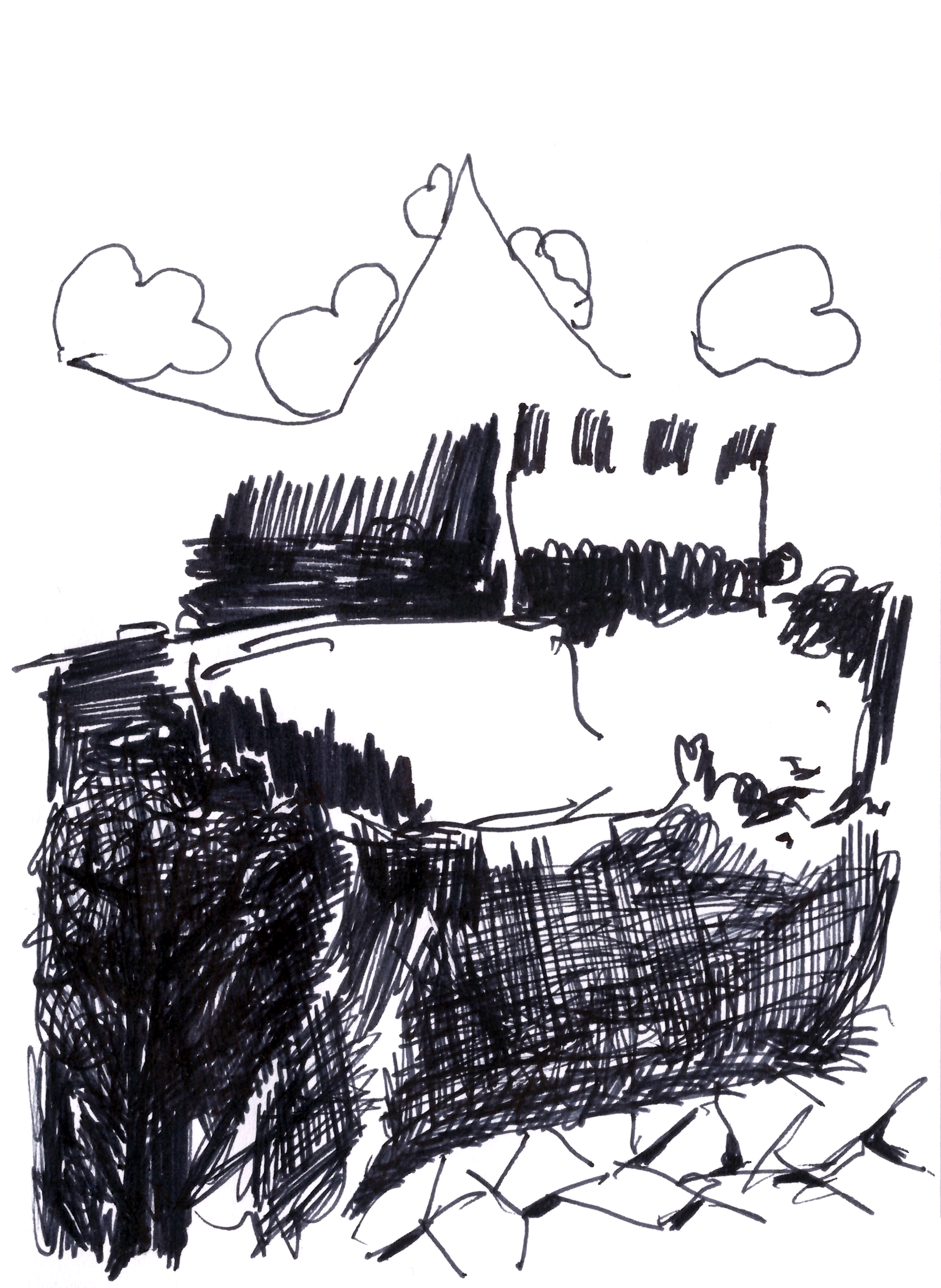 pen drawing in black of a field in front of a pond with either a castle or a mountain in the background, surrounded by clouds