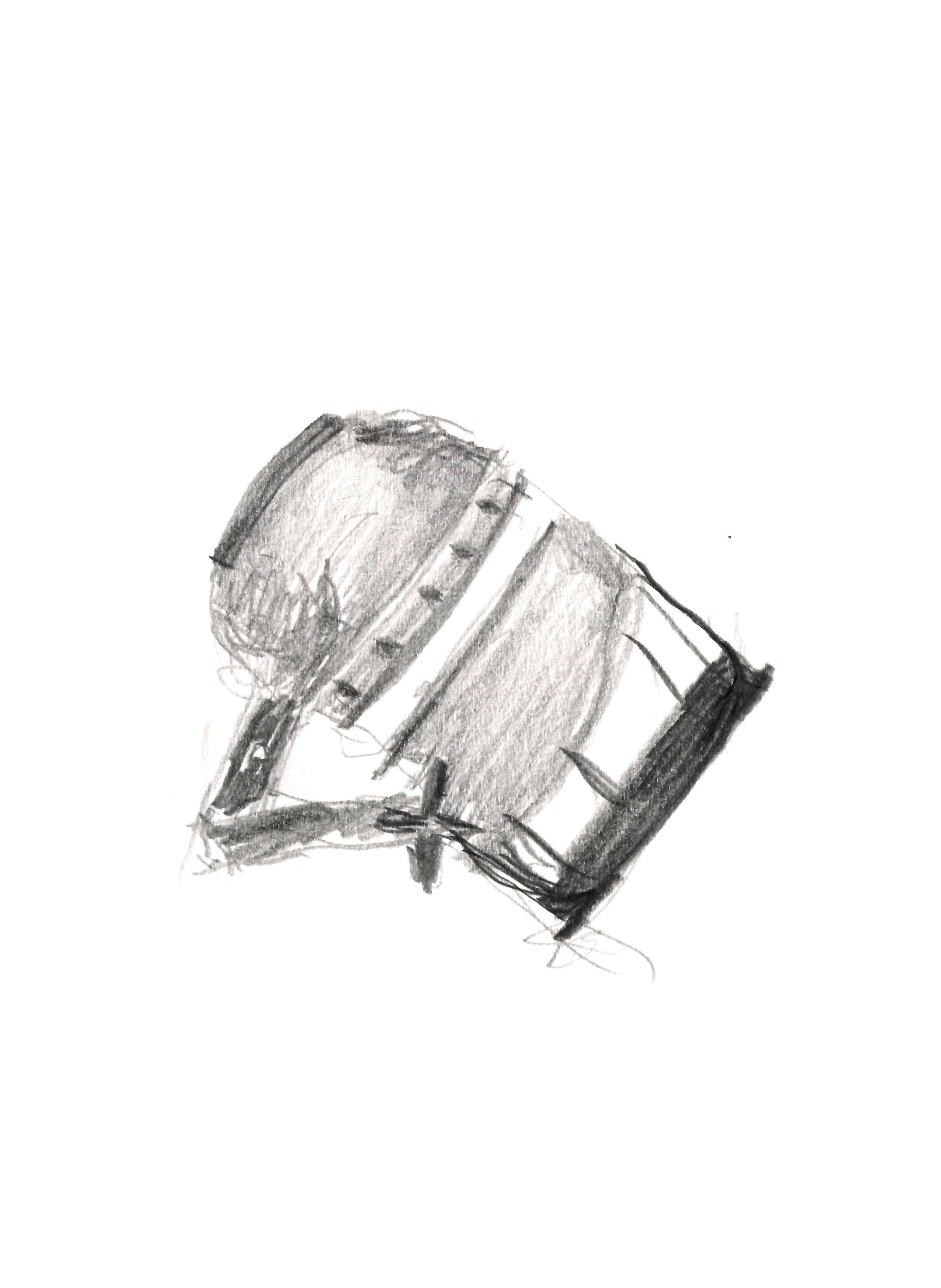 drawing in pencil of a stage spotlight with bracket to the left and pointing to the bottom right corner of the page