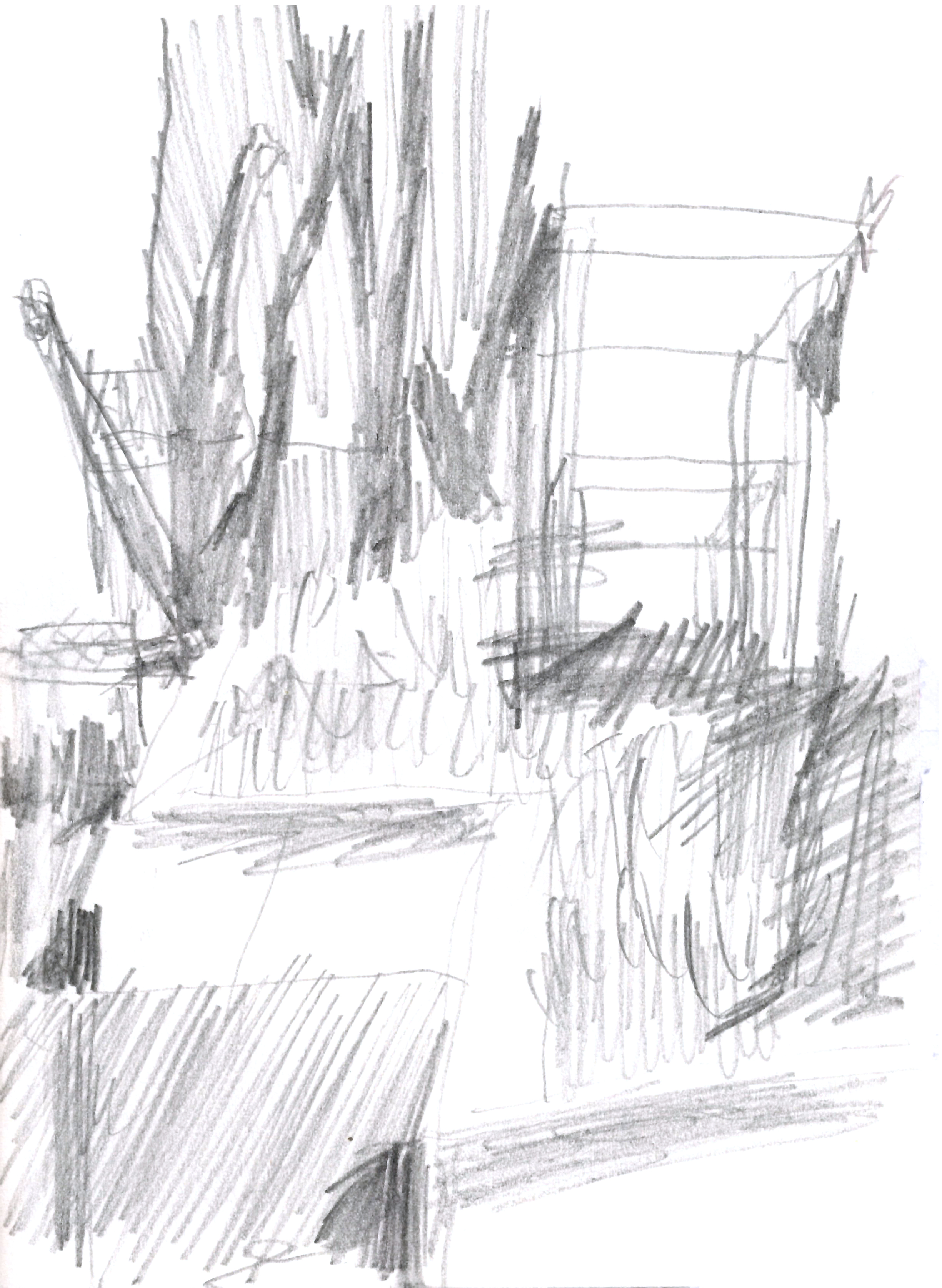 drawing in pencil of a park, with raised planters and some trees in the background