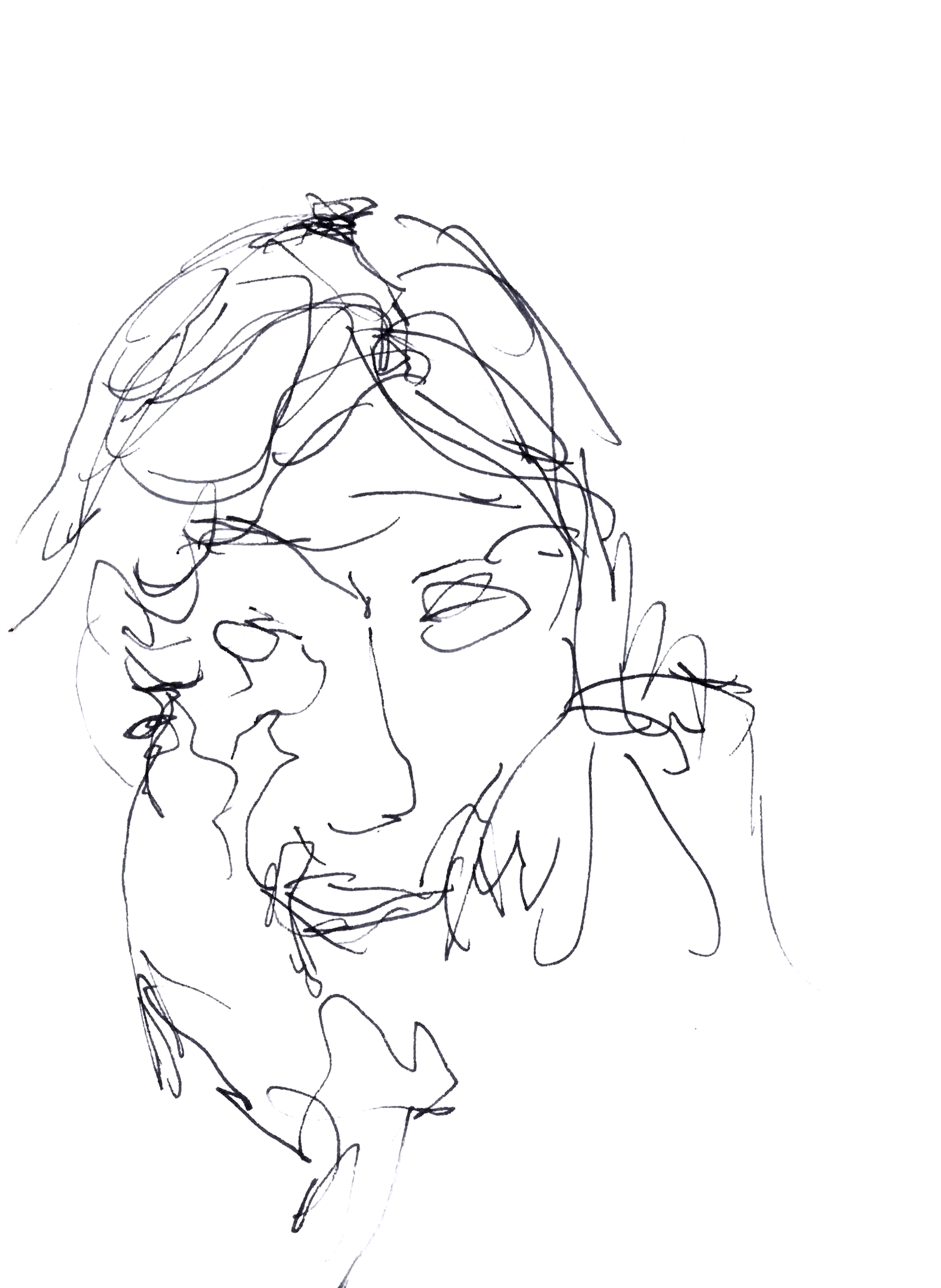 drawing in black pen of a feminine face with middle-parted hair