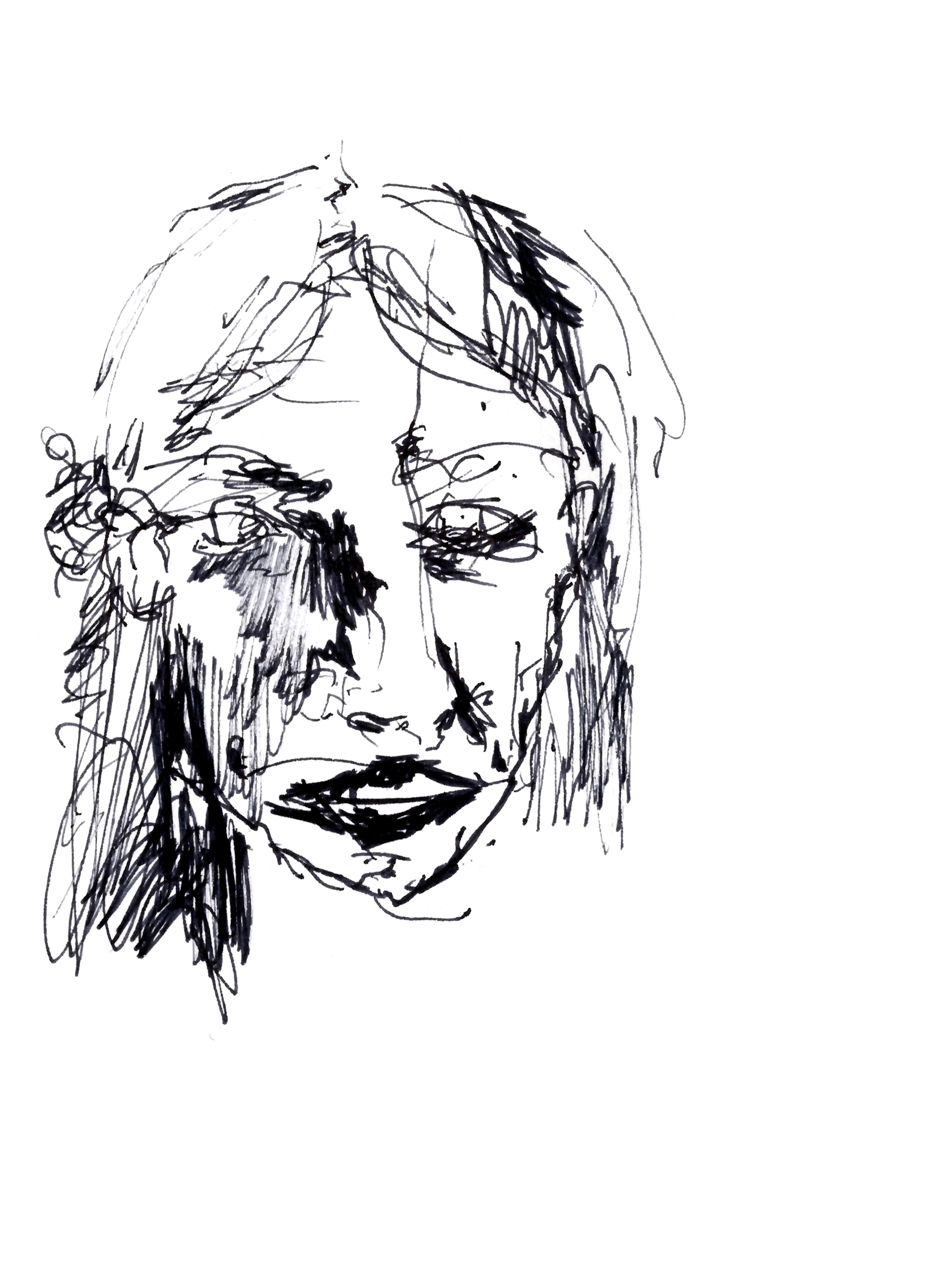 drawing in black pen of a feminine face with deep black lips and a middle-part