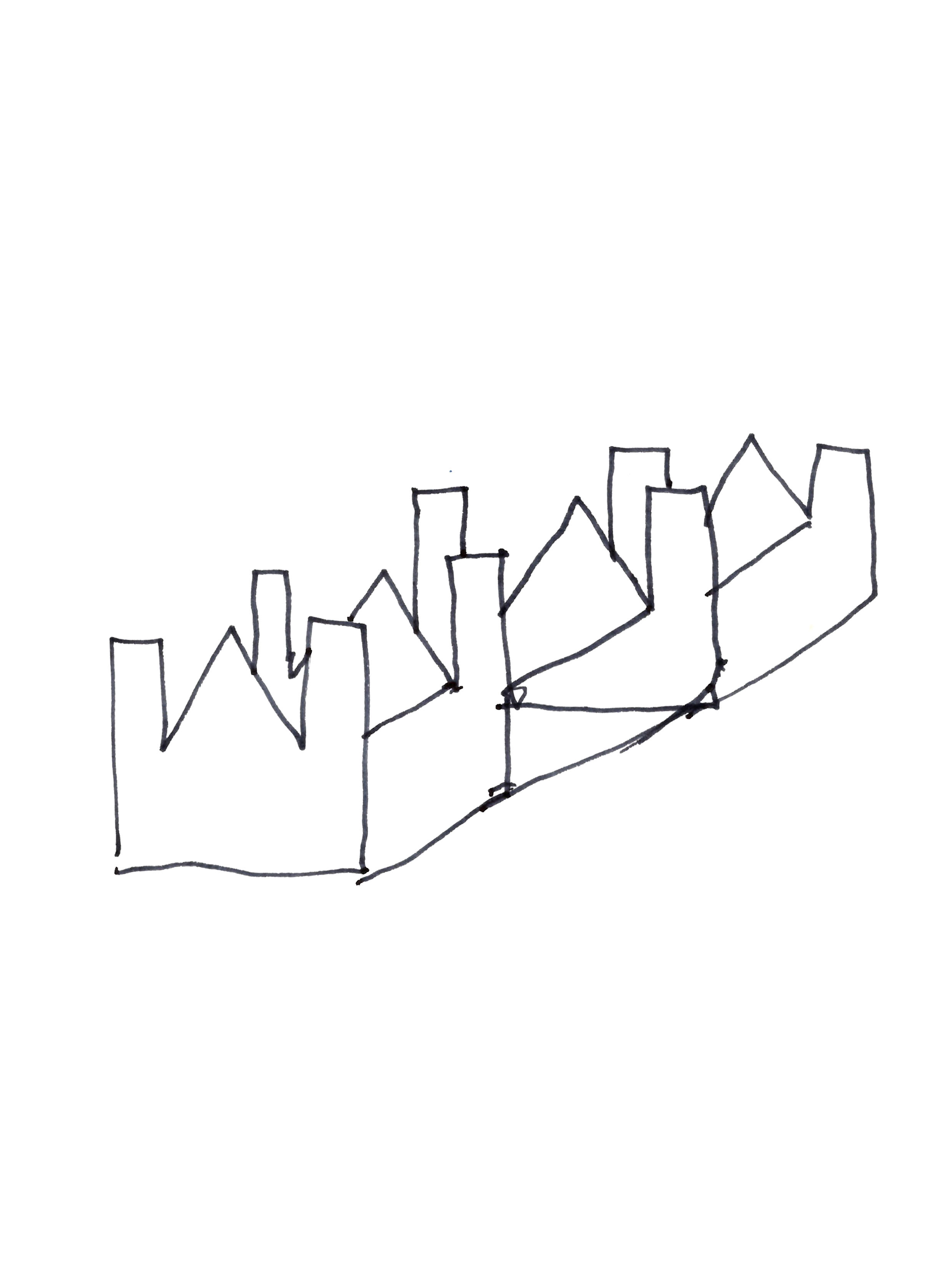 drawing in black pen of three cathedral facades joined one in front of the other into a longer cathedral