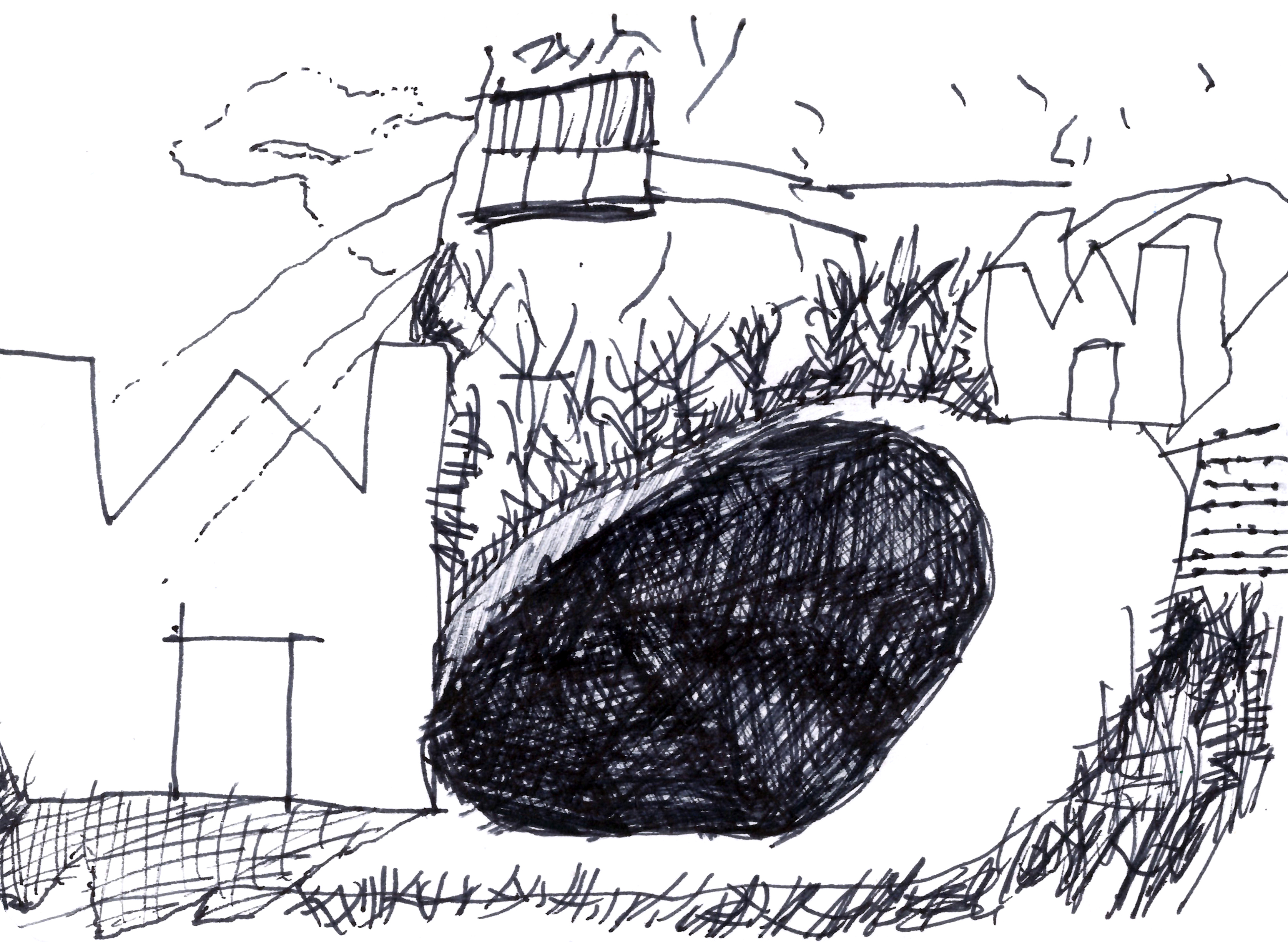 drawing in black pen of two cathedrals, one larger in the foreground casting a shadow and one smaller one in the background with a large black lake between the two