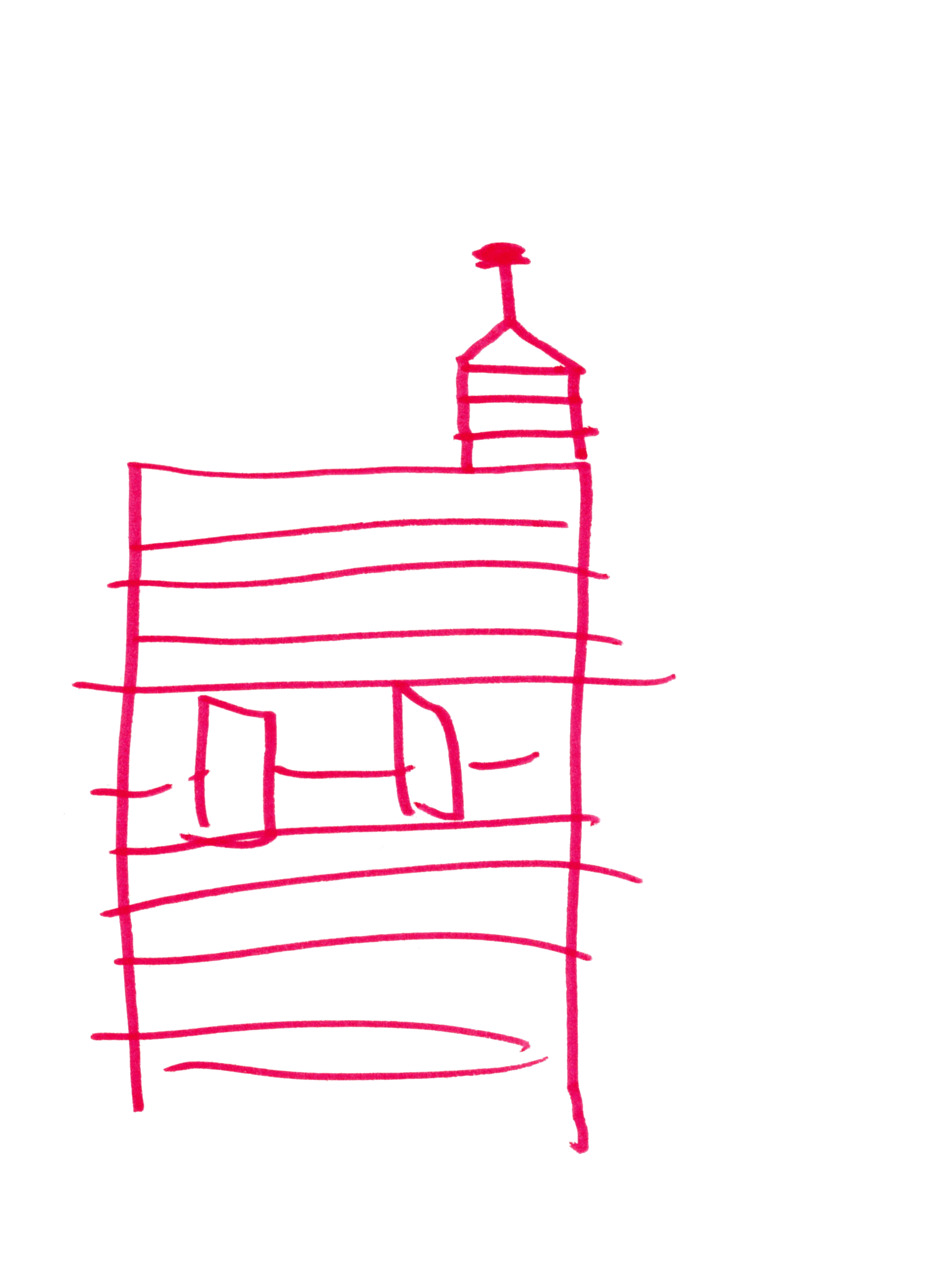 drawing in red marker of a striped building facade with two windows and a small house sitting on the upper right corner with a small weathervane