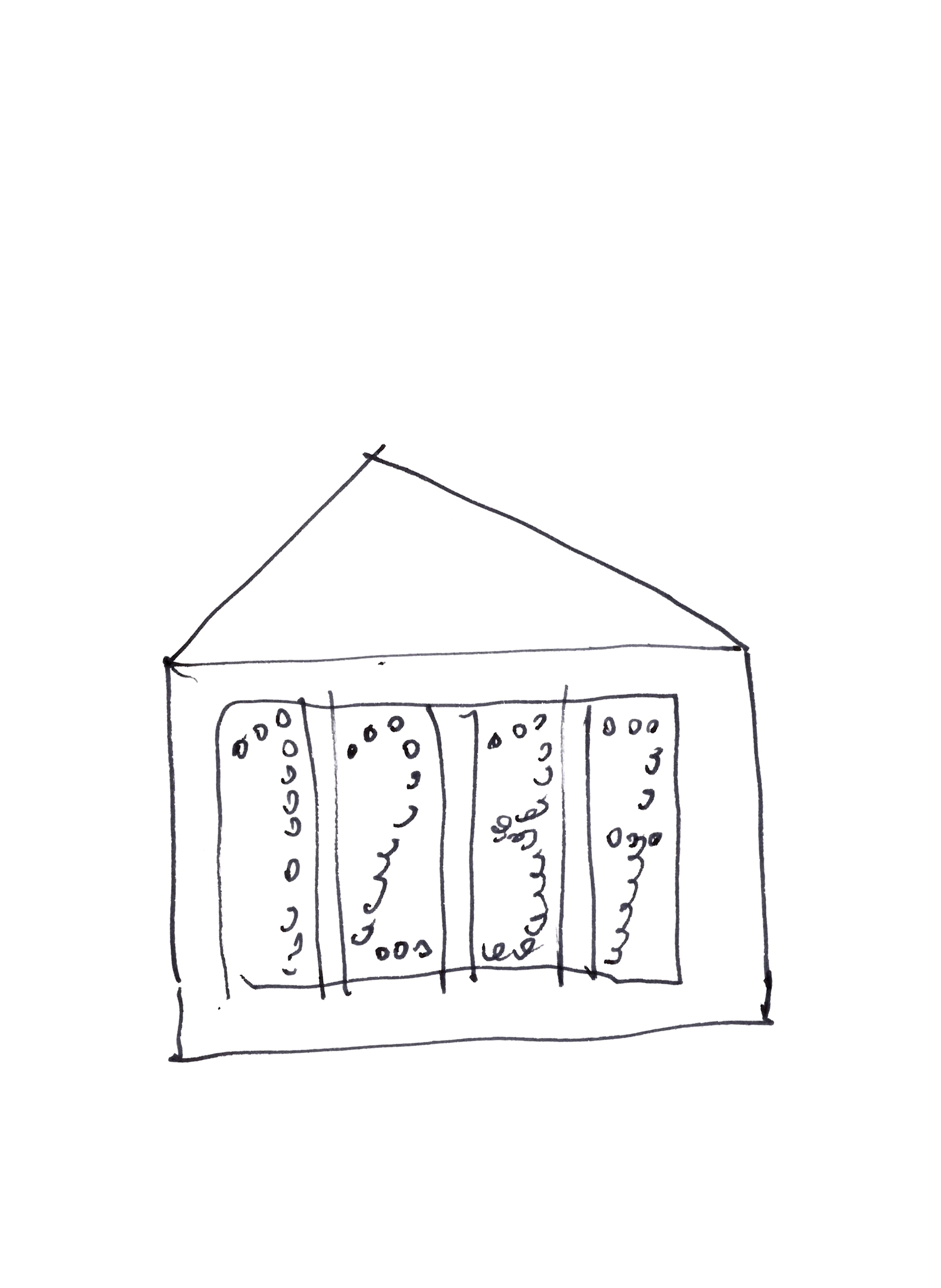 drawing in black pen of a digital clock face reading 12:37, the numerals sitting between the columns of a small pedimented shape