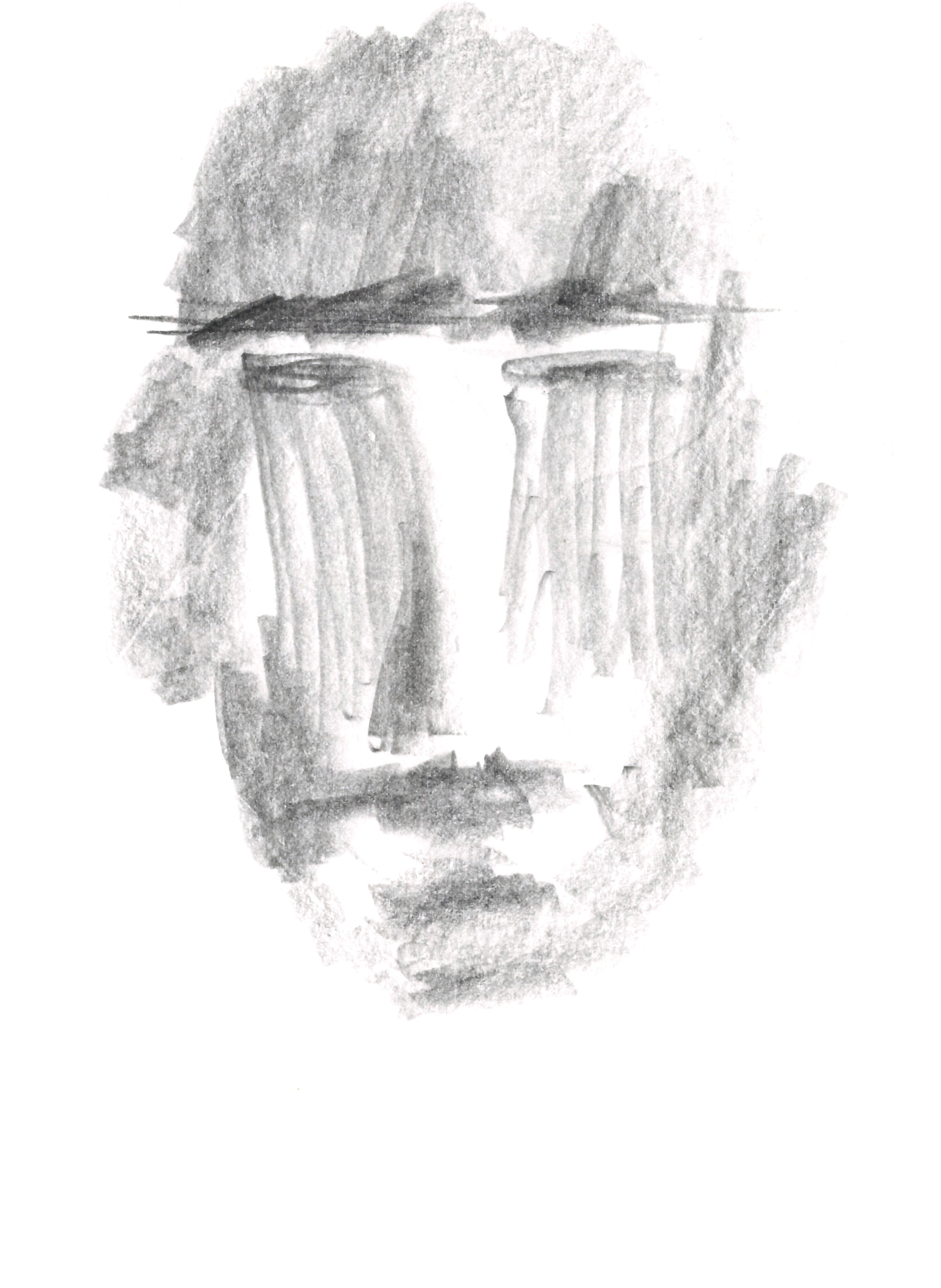drawing in pencil of a long face with streaks coming from the flat eyes