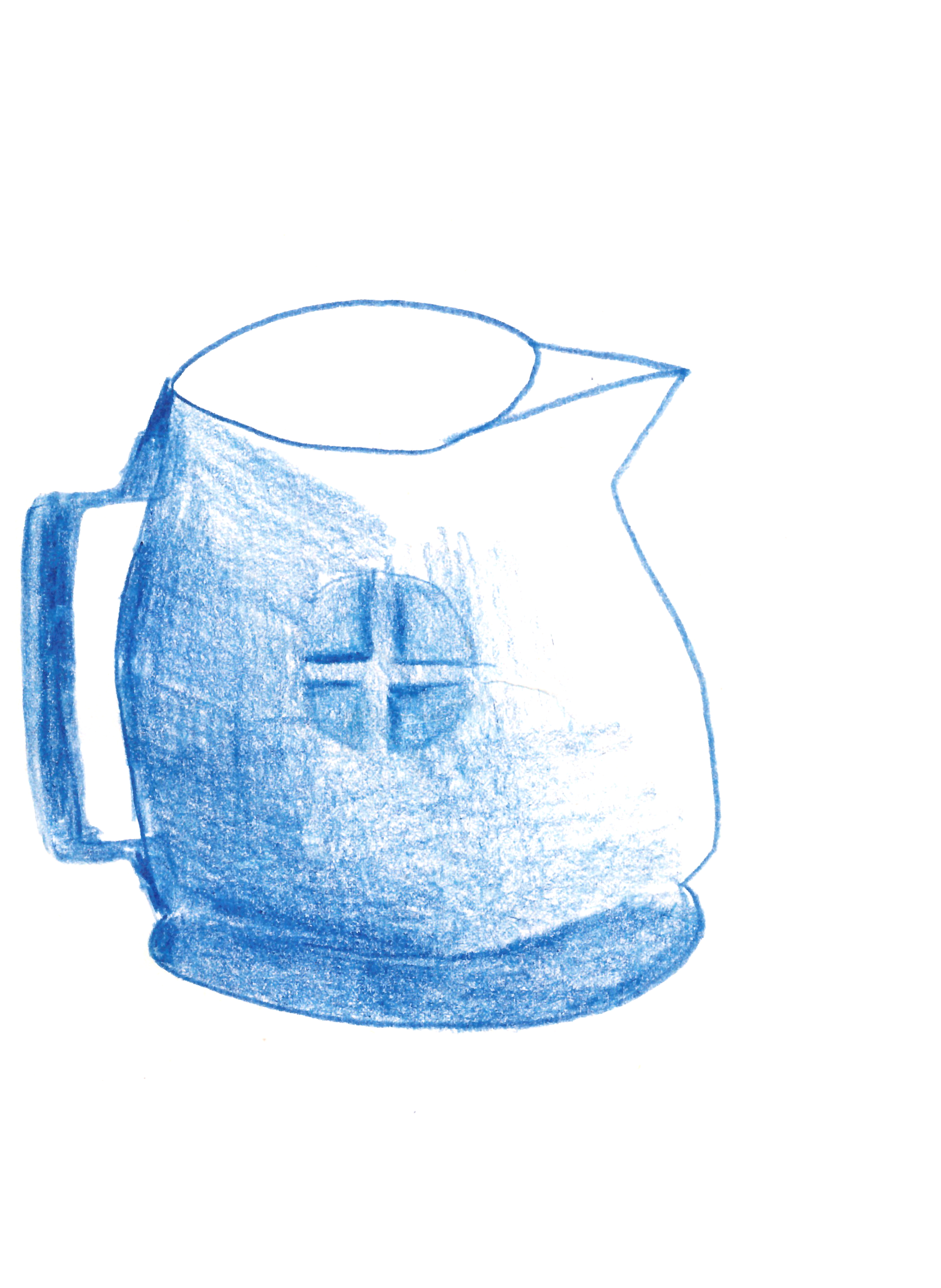 drawing in blue colored pencil of a small pitcher with a squarish handle and a cross shape engraved in the face