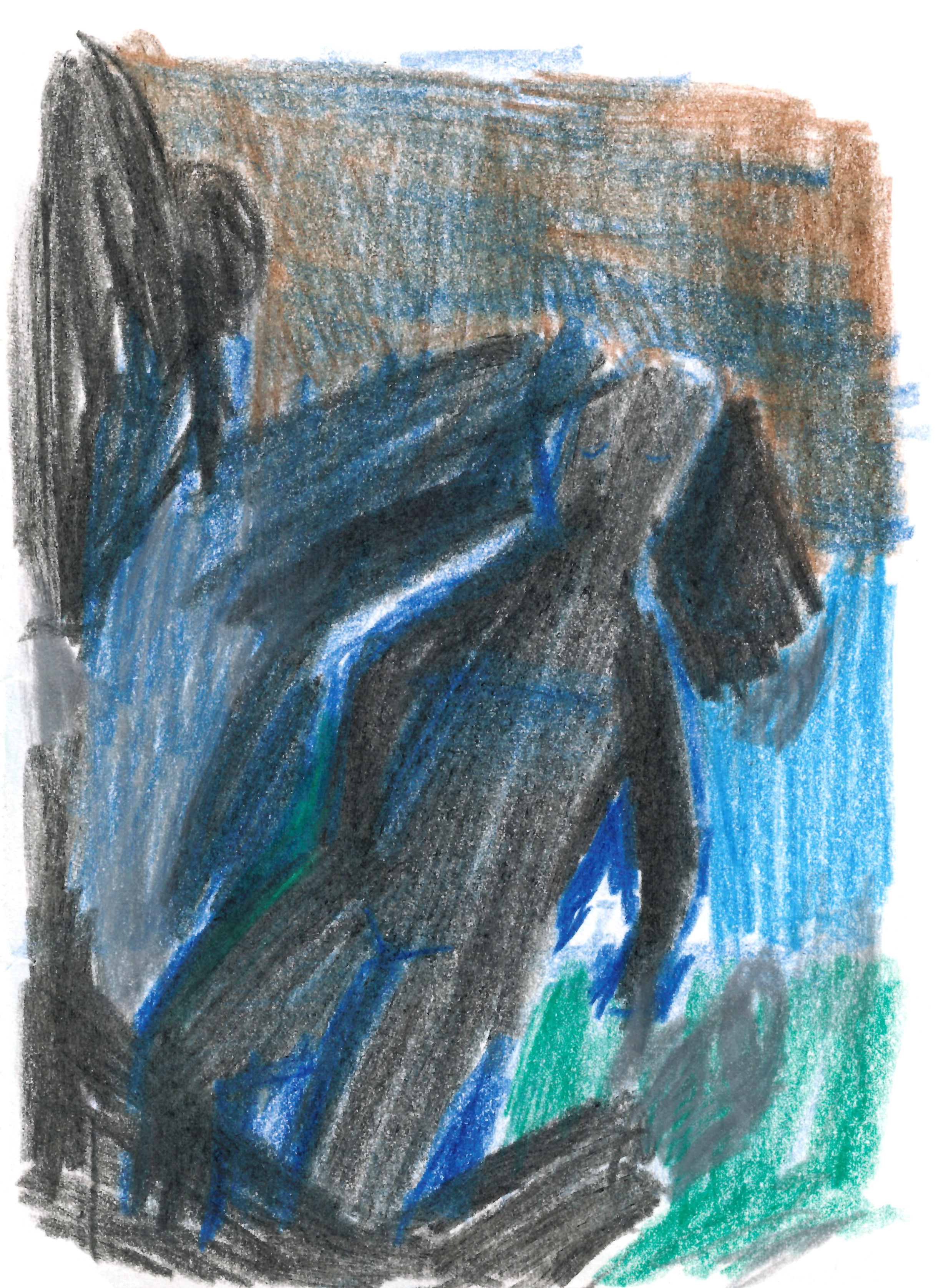 drawing in colored pencil of a human figure shaded darkly held in the arms of a much larger figure 