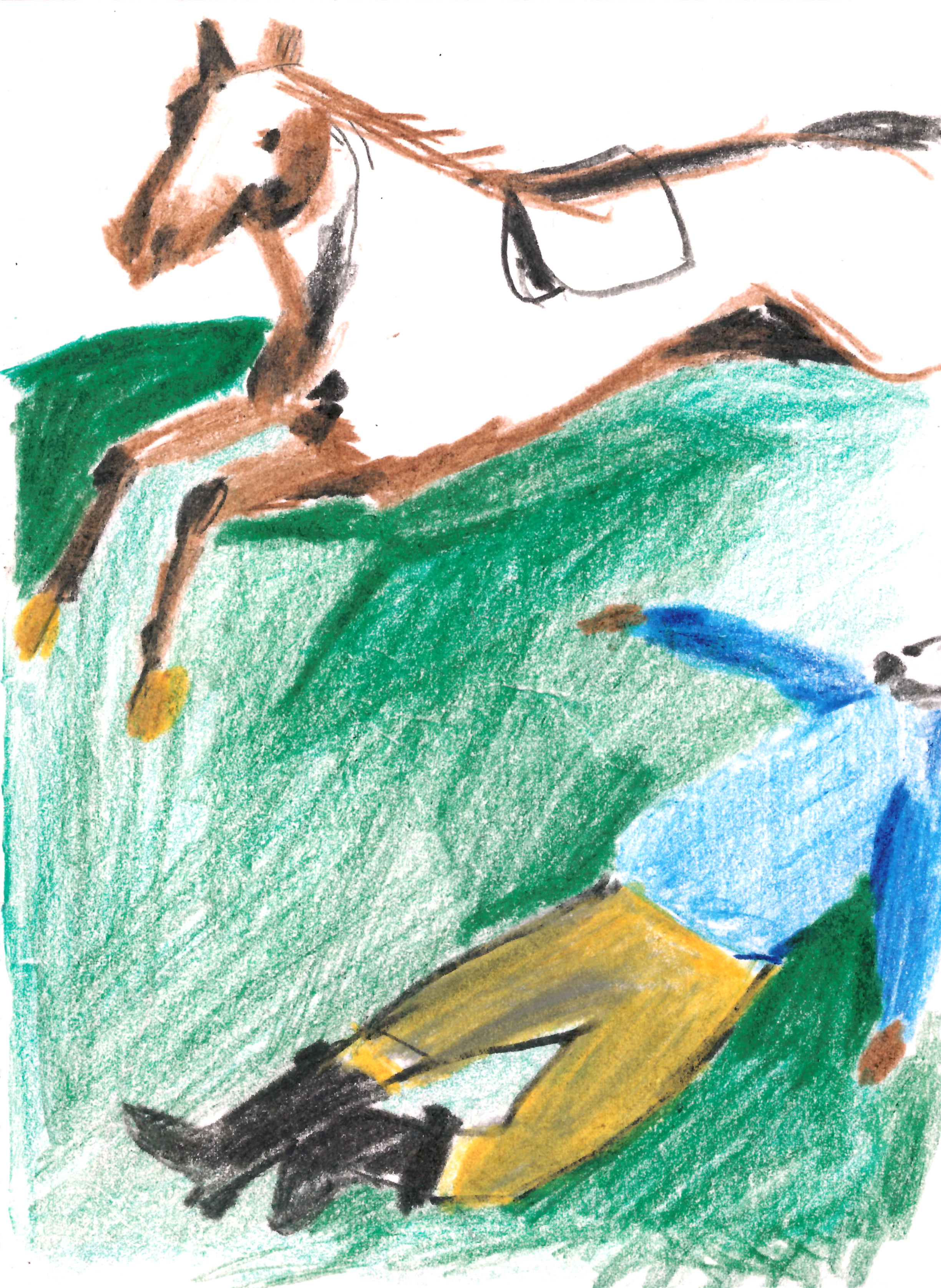 colored pencil drawing of a human figure lying in a green grass field beneath a galloping horse whose front legs are outstretched
