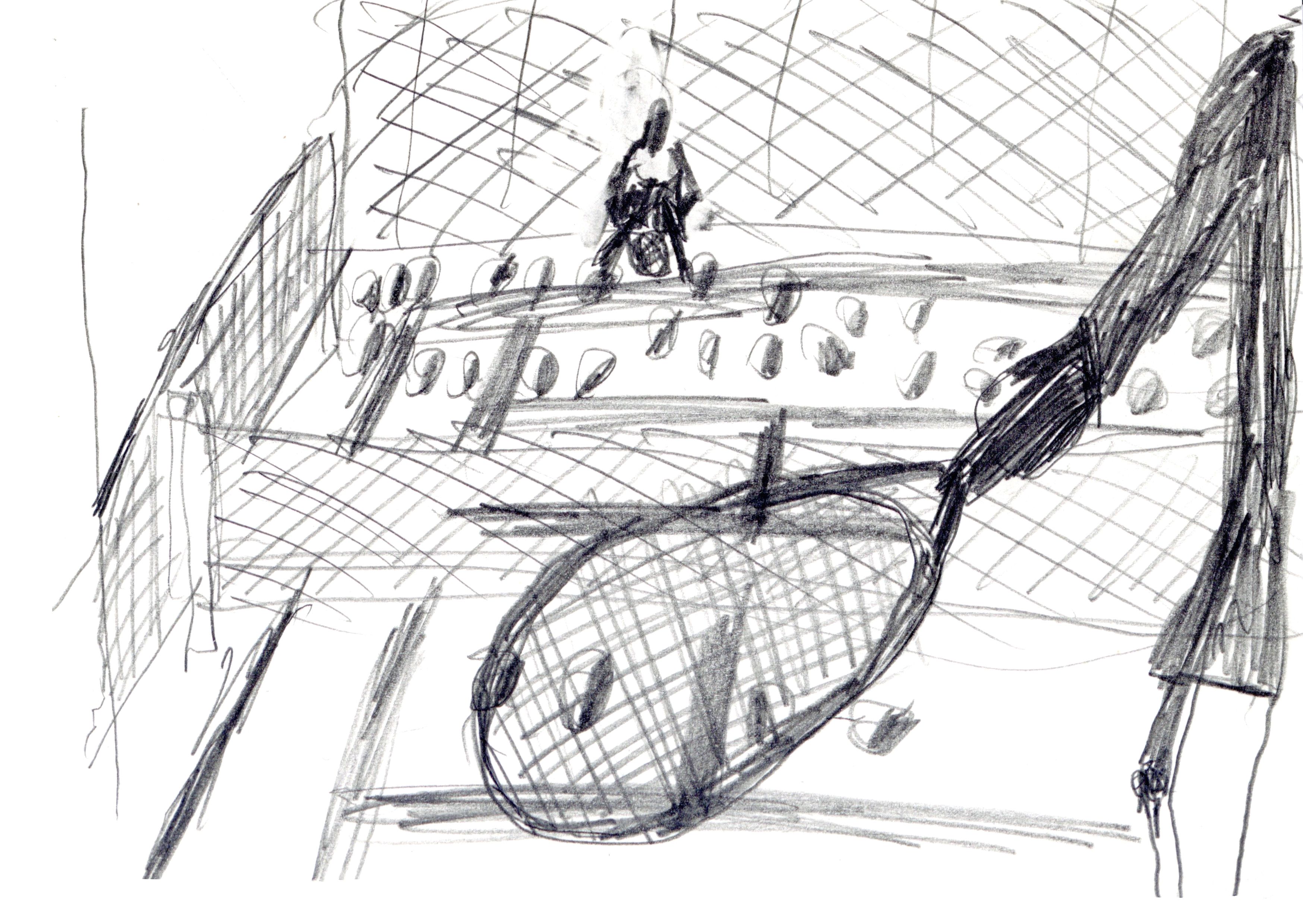drawing in pencil of a tennis match, with a dark figure in the background surrounded by many tennis balls and a view through tennis racket strings in the foreground