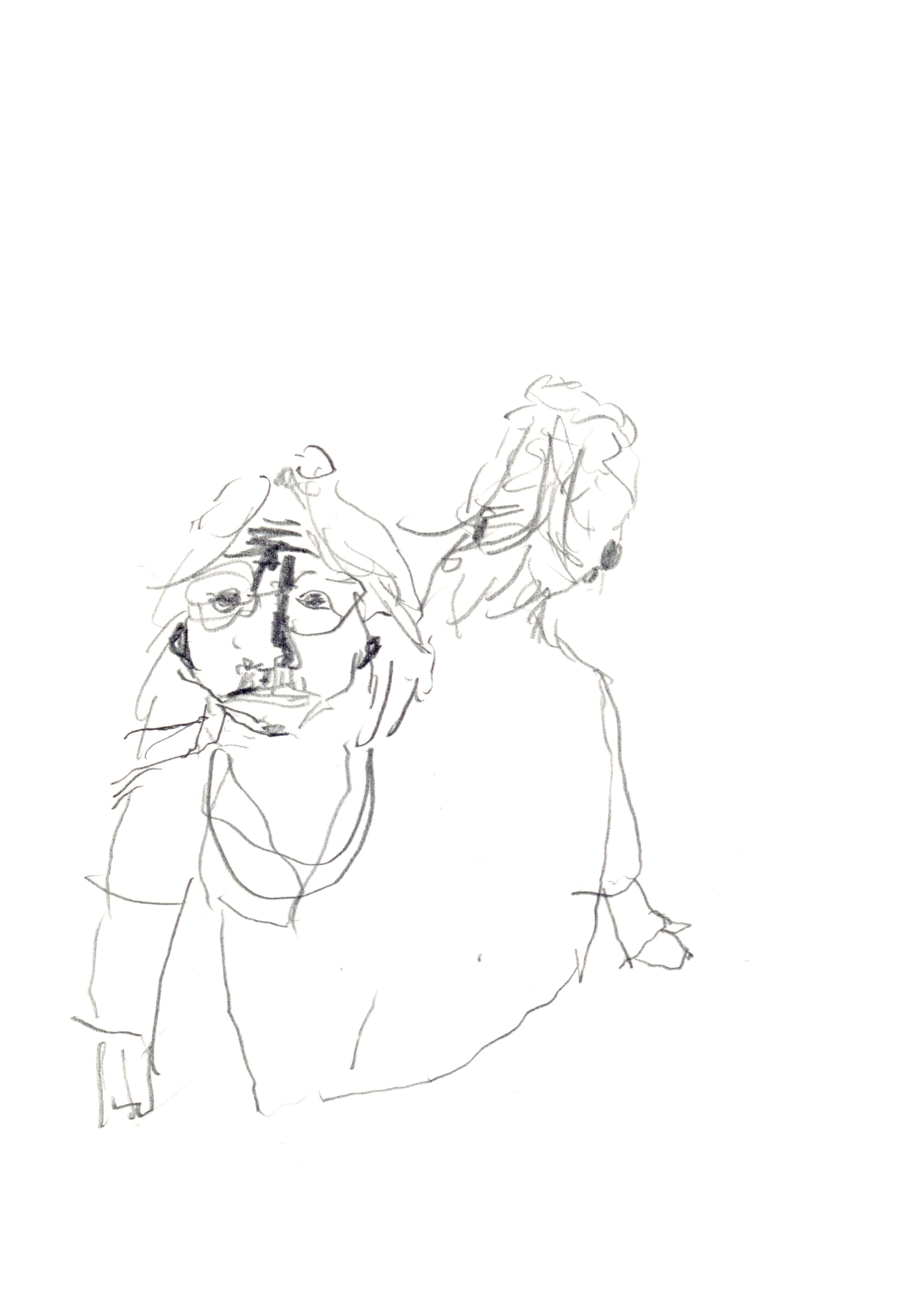 drawing in pencil of a woman with a shared body, one half facing the viewer and the other facing away