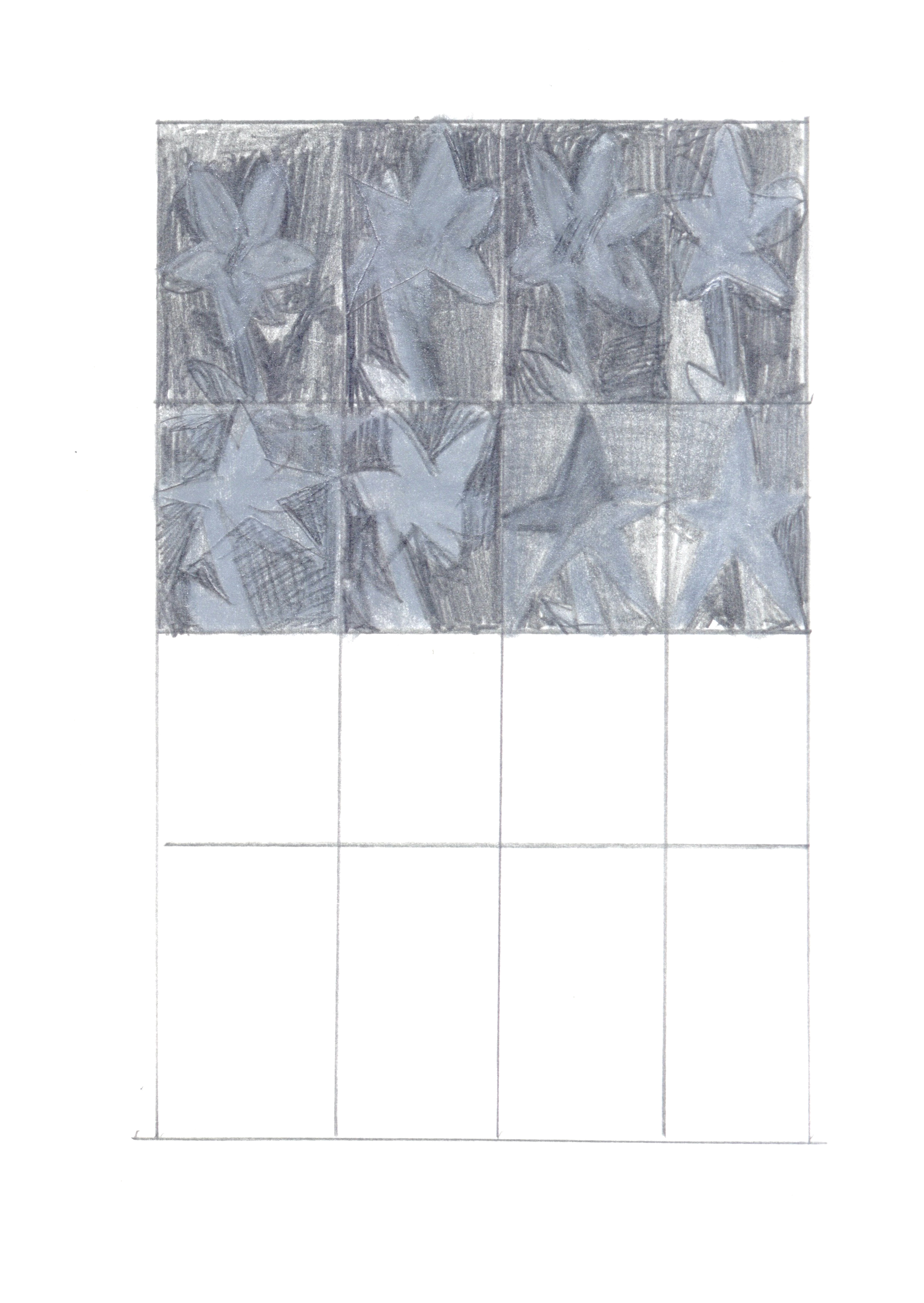 drawing in silver and black colored pencil of a four-by-four grid with the top eight spaces filled with silver stars