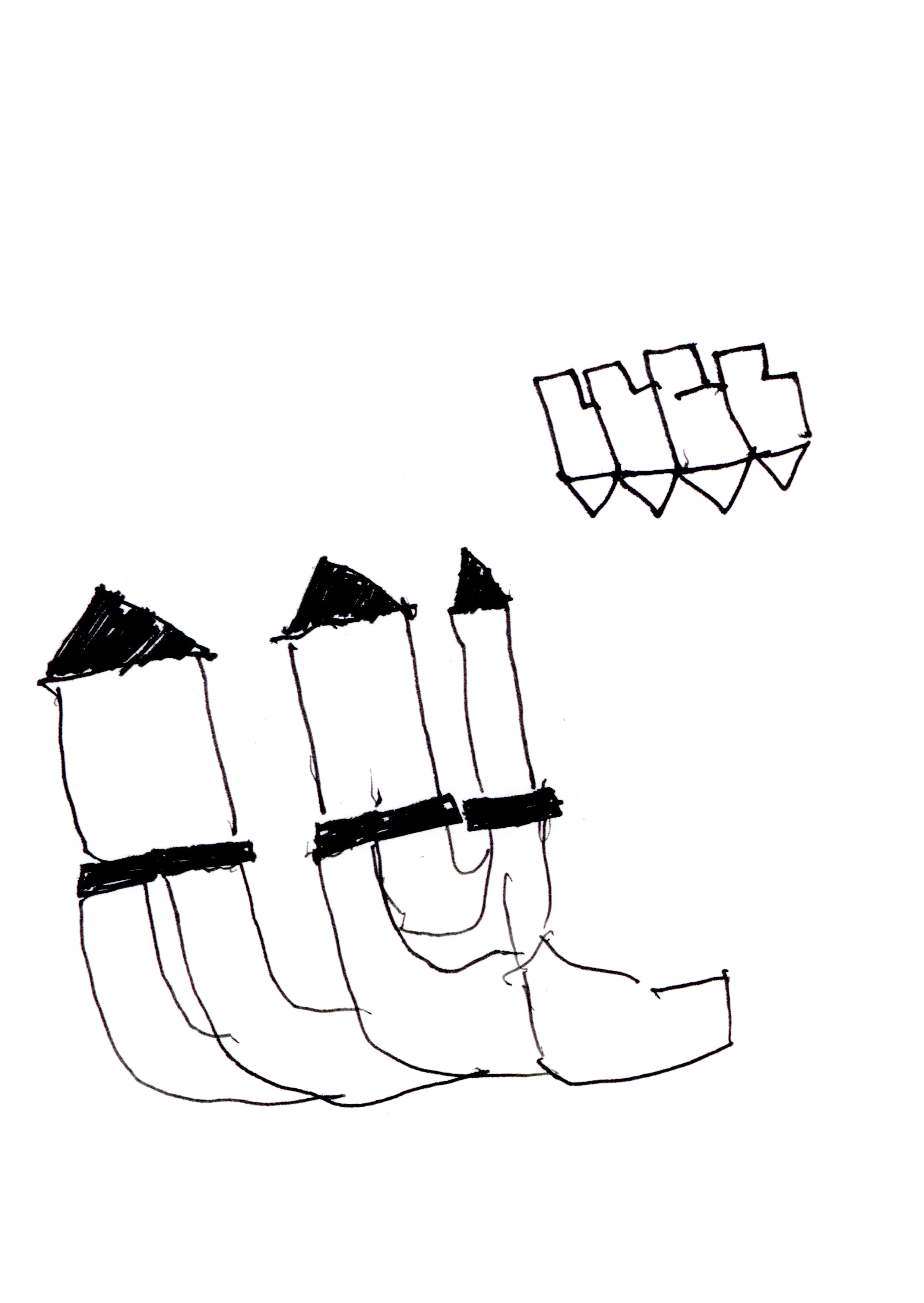 drawing in black pen of three pipes ending in with small triangular caps