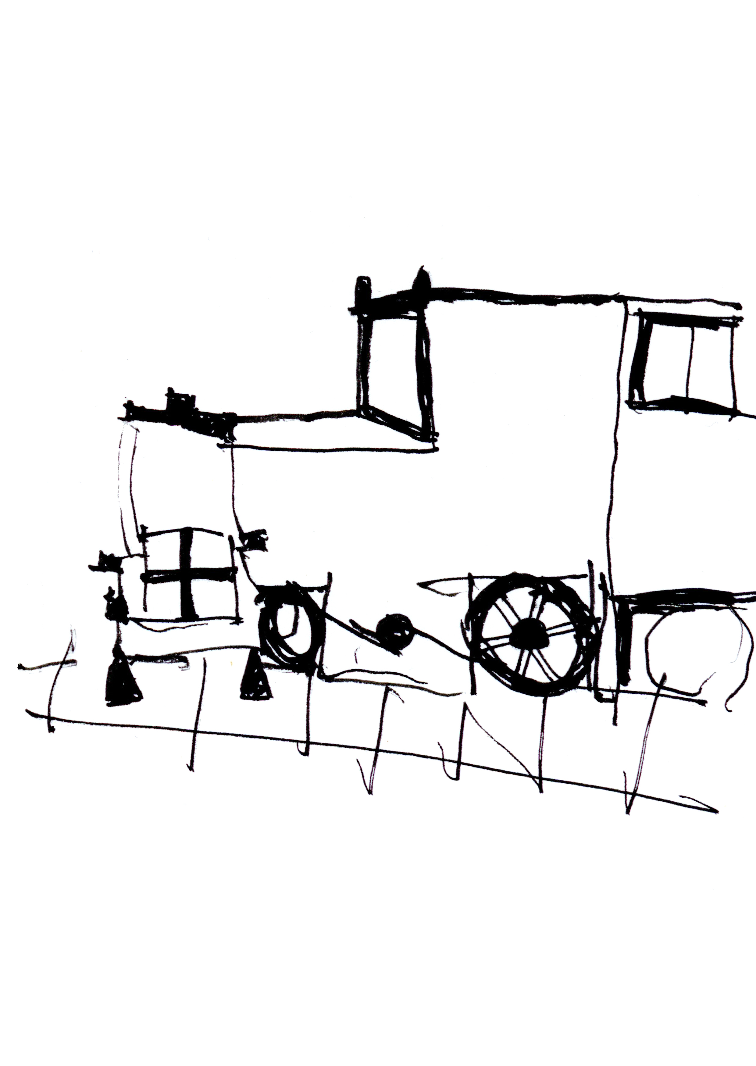 drawing in black pen of a locomotive riding along the tracks