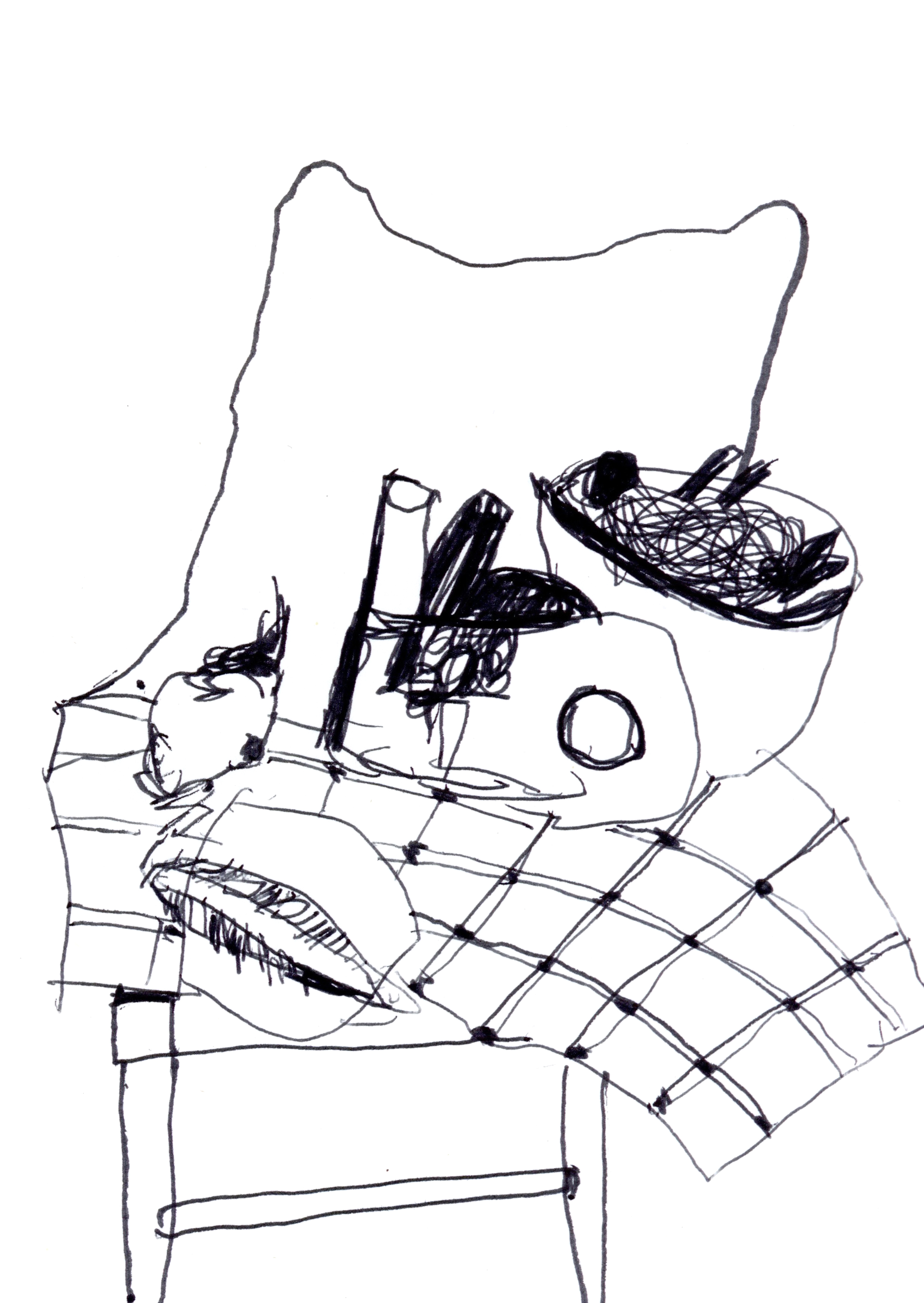 drawing in black pen of a chair covered with a blanket and various objects sitting above