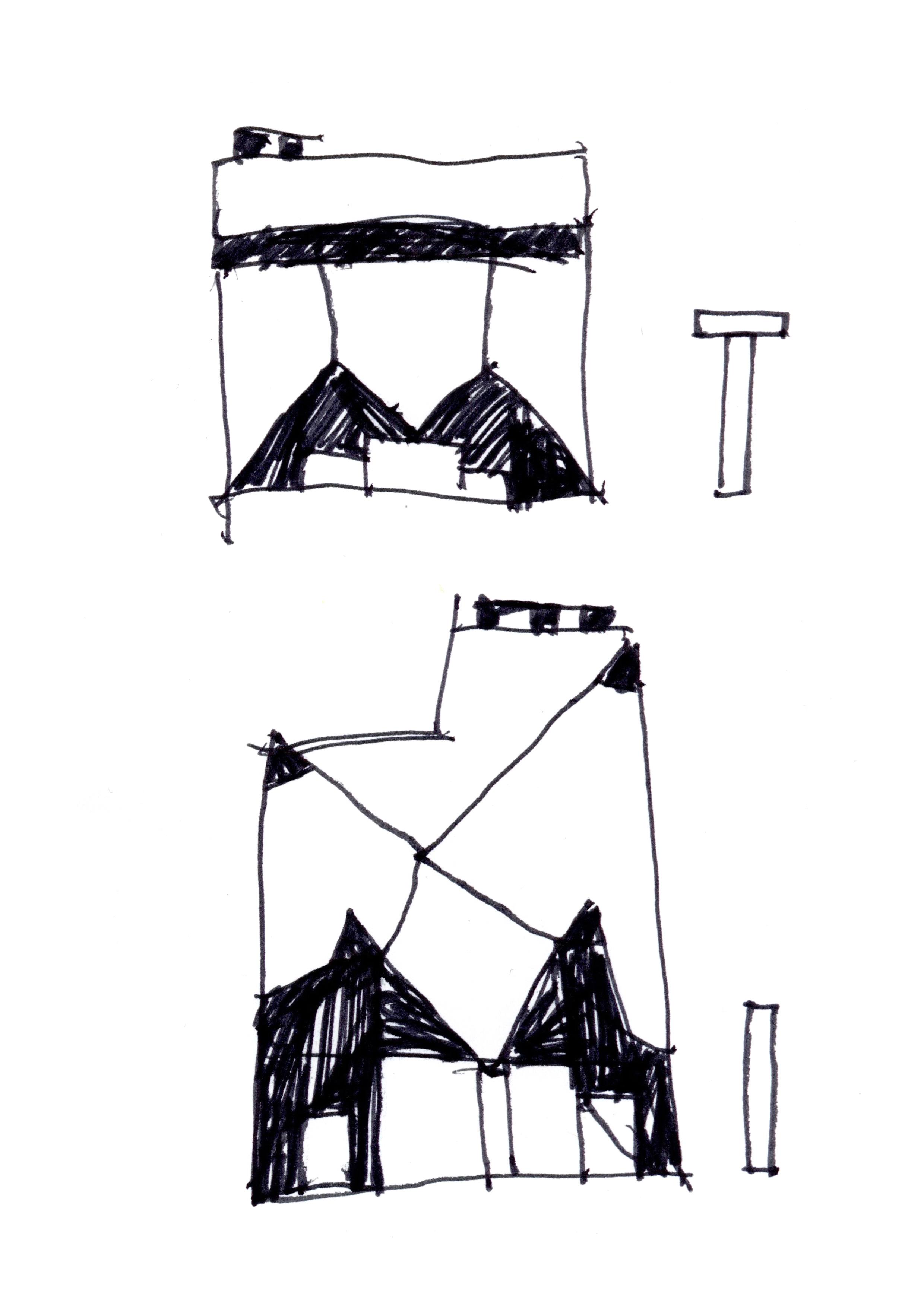 drawing in black pen of two building facades with crossing lines and irregular shapes