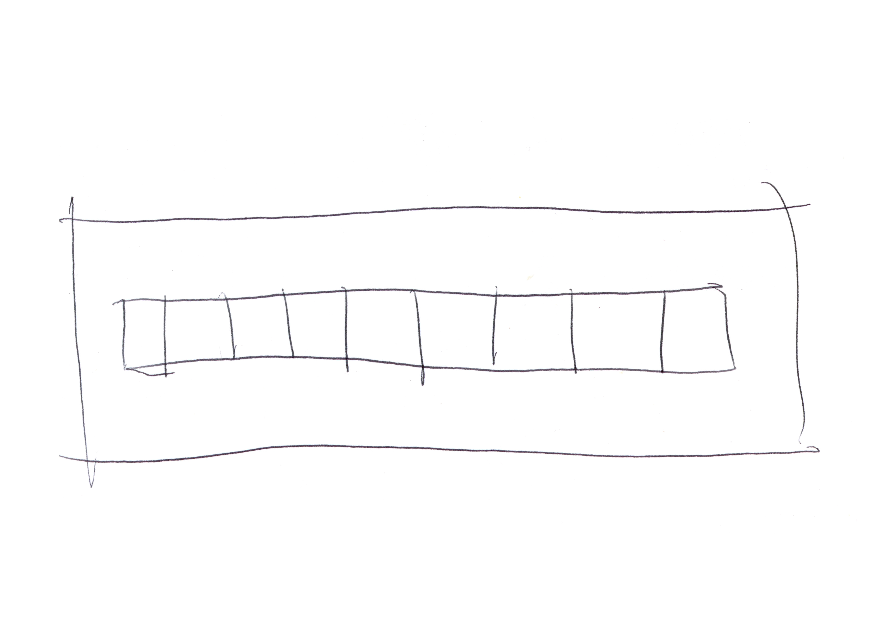 drawing in black pen of a rectangle within which sits a row of smaller rectangles horizontally arrayed