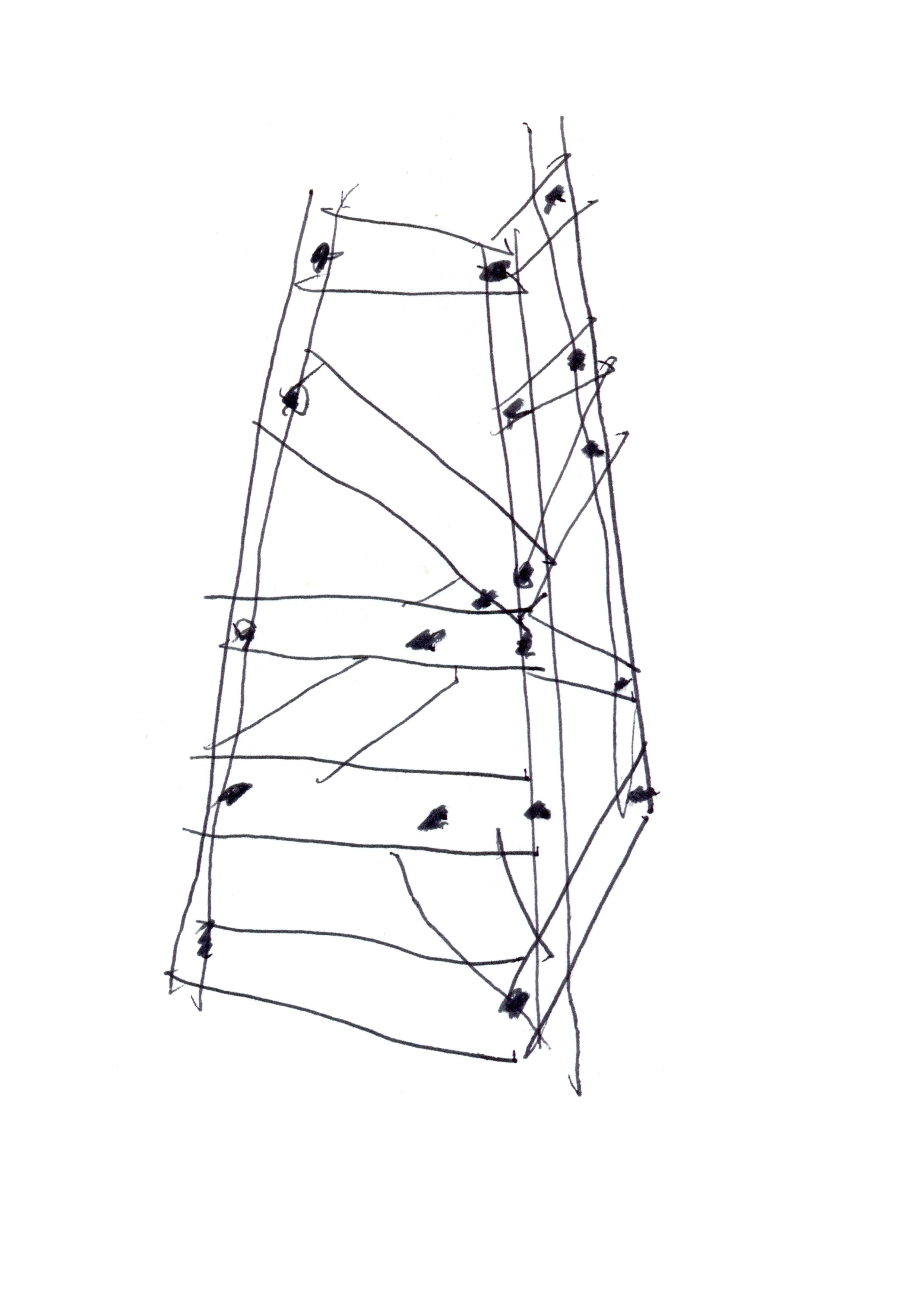 drawing in black pen of a structure made of boards irregularly bolted together angled upwards