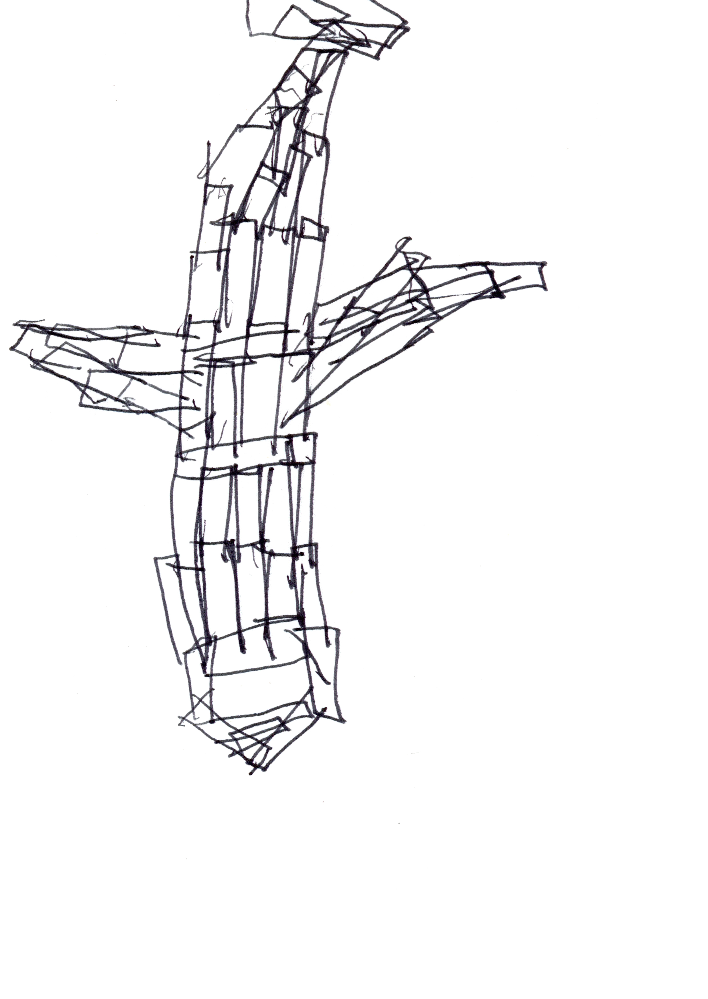 drawing in black pen of an airplane made of wooden boards balancing on its nose downwards