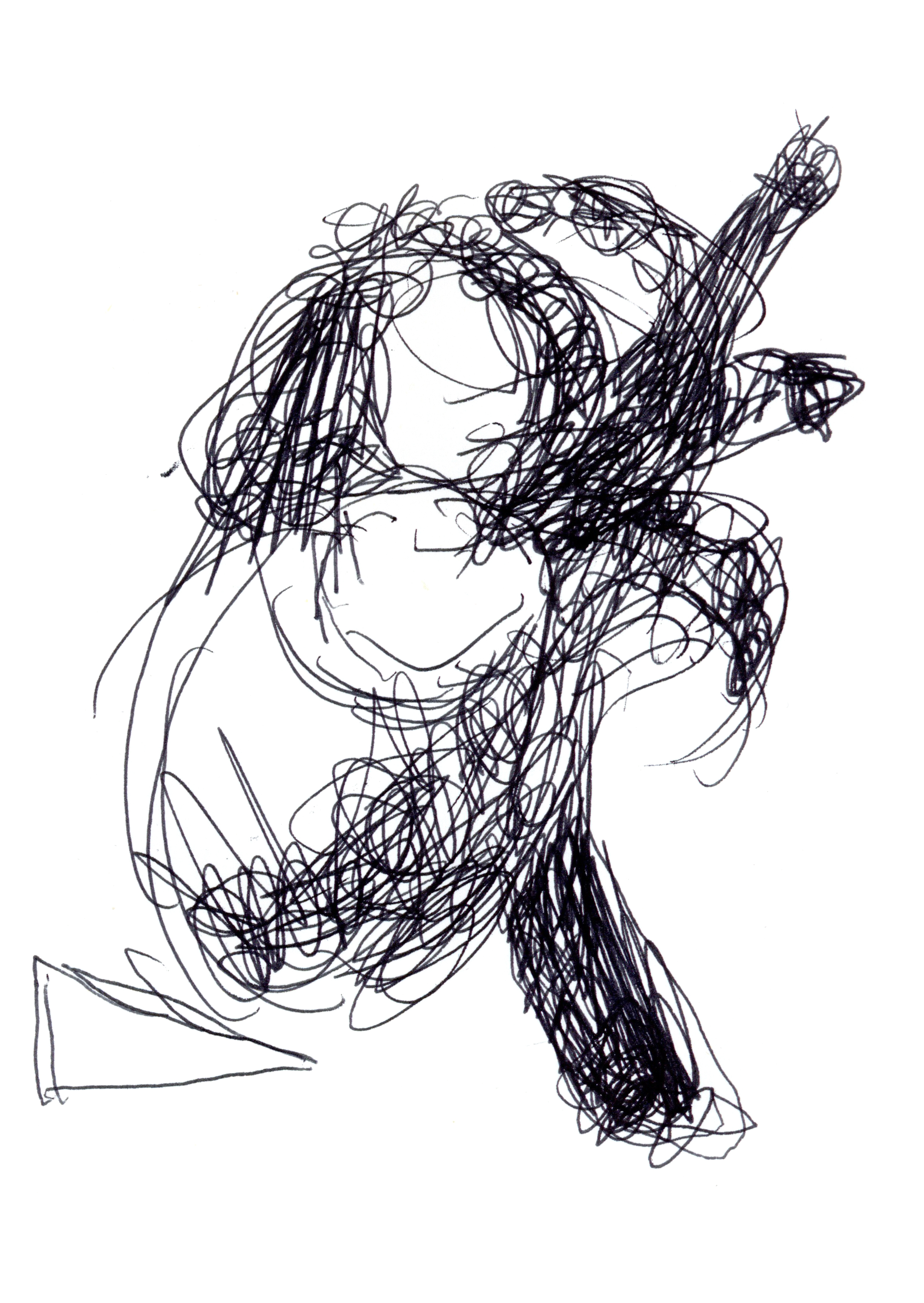 drawing in black pen of a small creature hanging onto a branch, facing away from the viewer