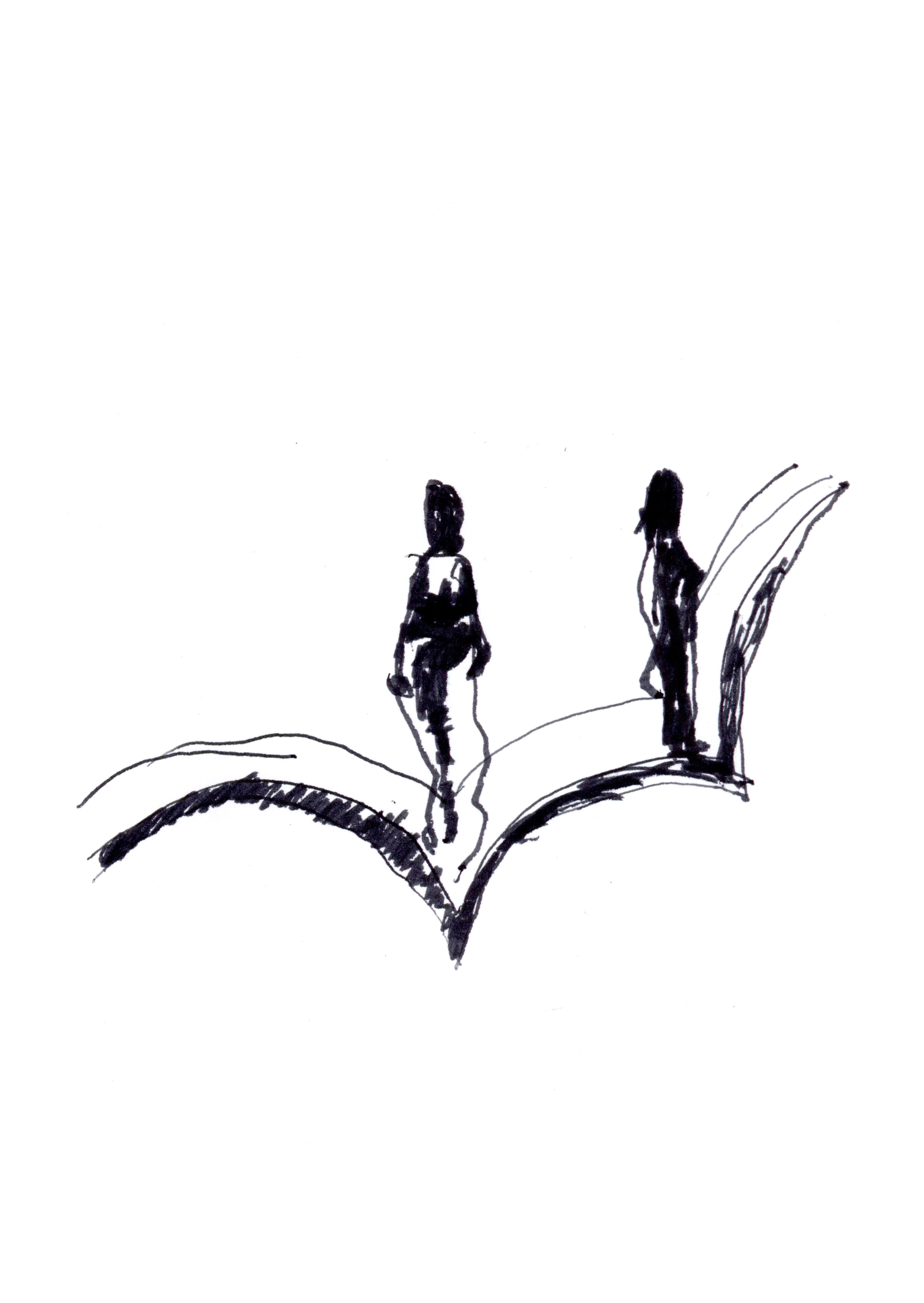 drawing in black pen of two small caryatids sitting on an arched railing with no pediment above
