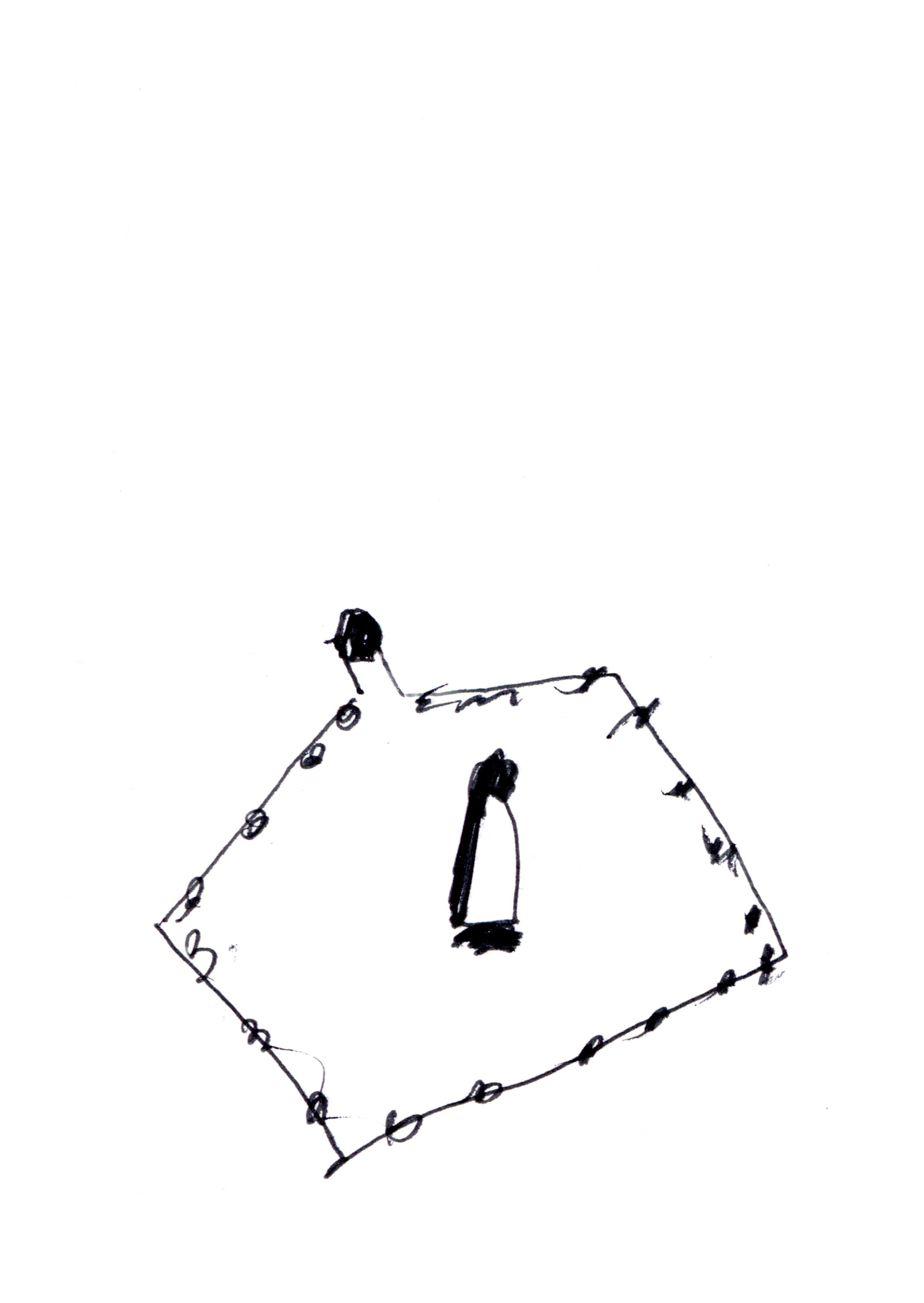 drawing in black pen of a small figure in a house-shaped border lined with small dots