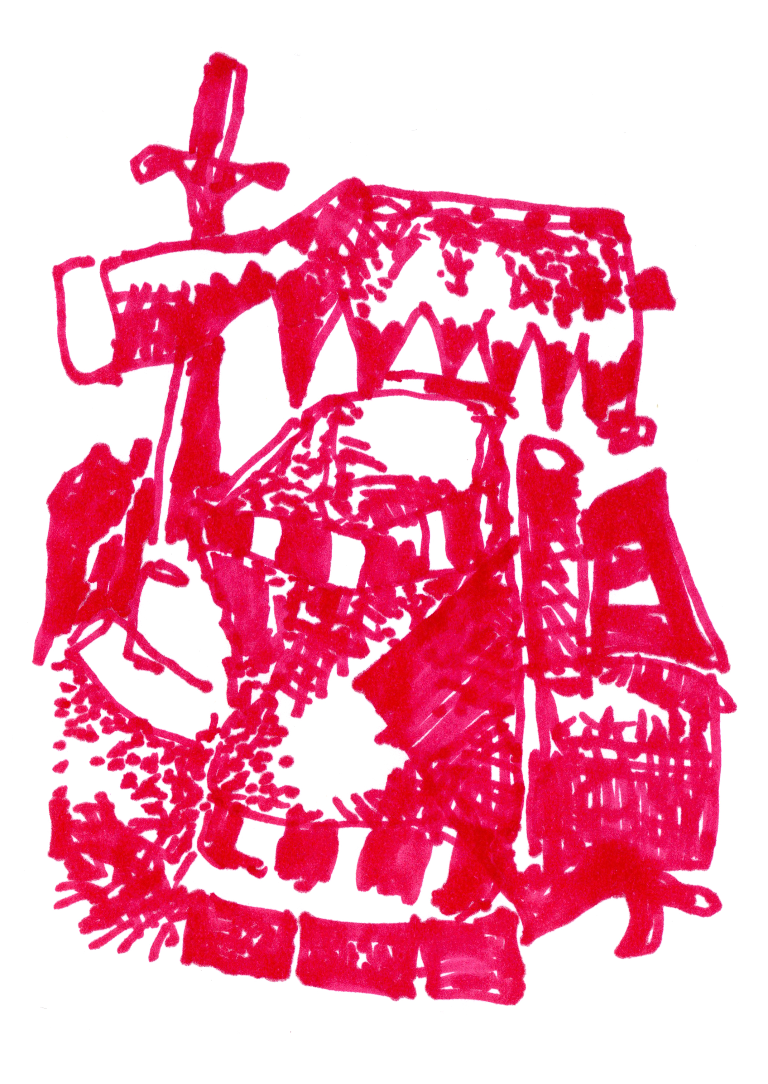 drawing in red marker of a large comb hanging above some shapeless objects