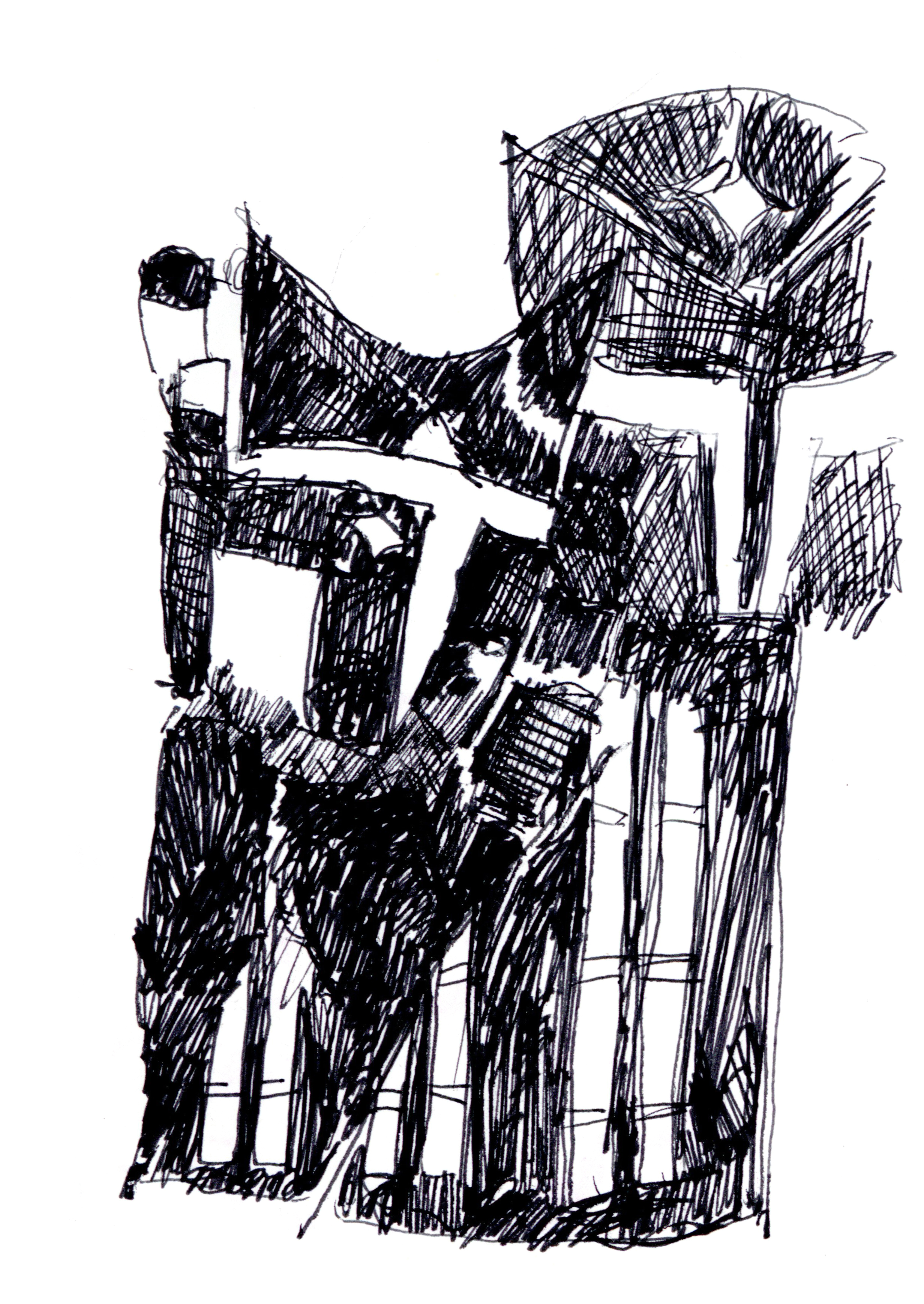 drawing in black pen of two medieval knights in armor and breastplates facing forward