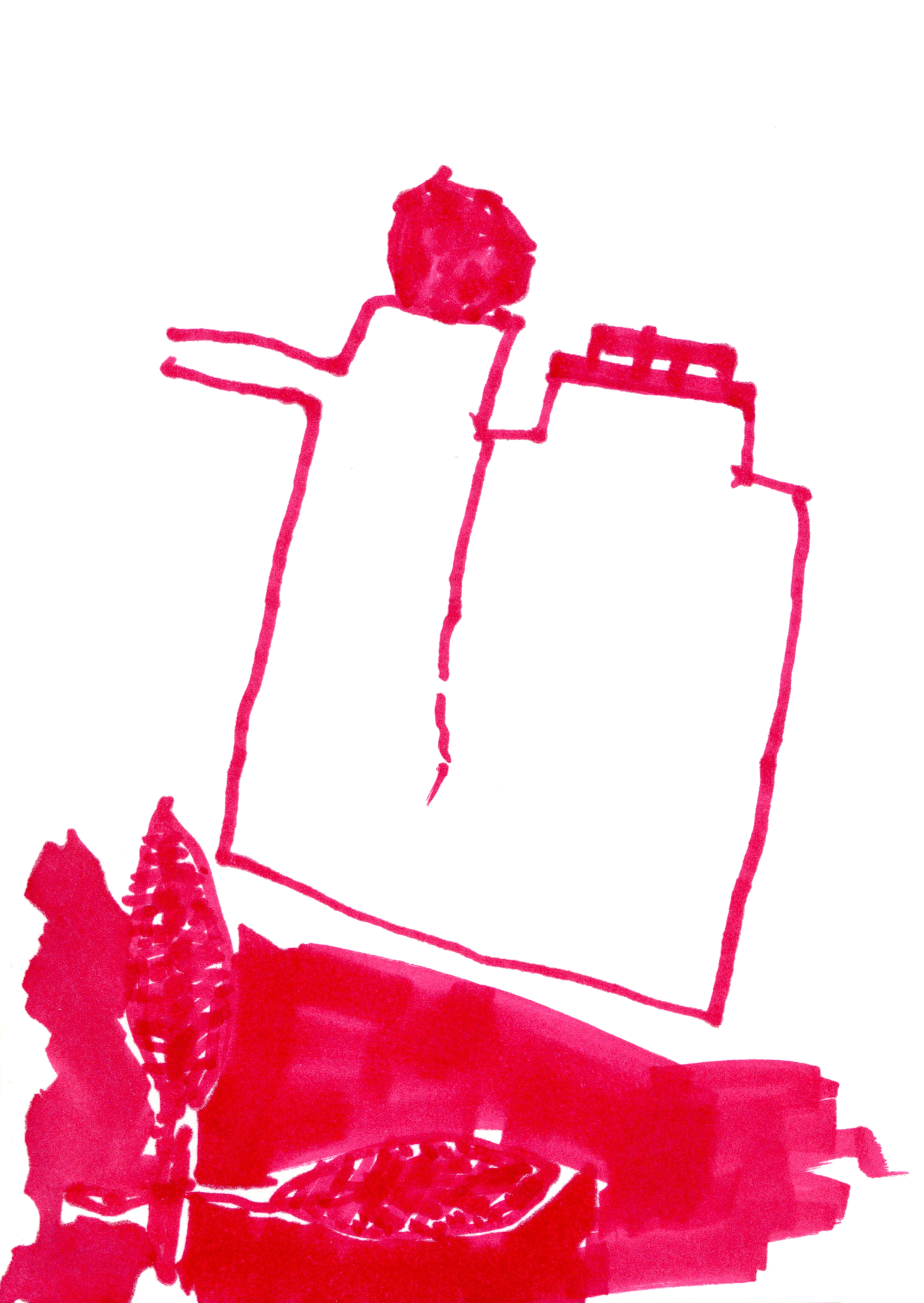 drawing in red marker of a vessel with an octagonal lid and a flat lid sitting above a ground with two leaves