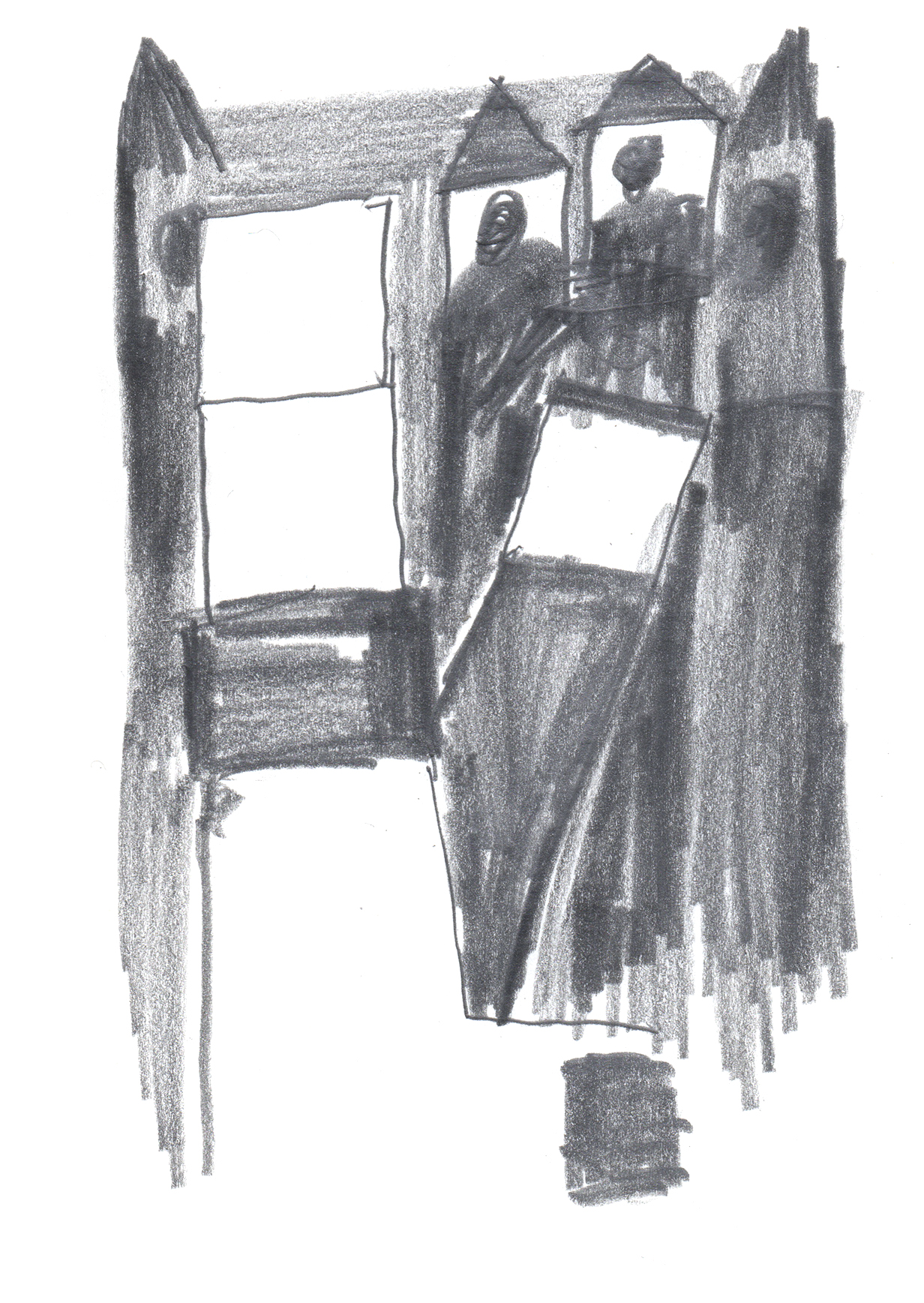 drawing in pencil of some slender towers next to each other, leaning in different directions