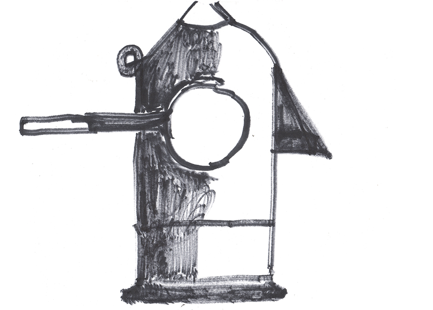 drawing in black marker of a watcher pitcher with a magnifying glass' handle 