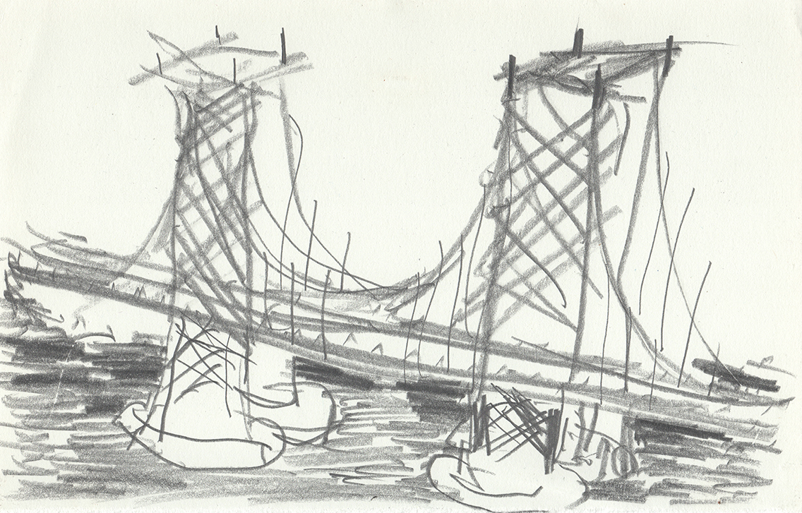 pencil drawing of a suspension bridge with two piers and water below