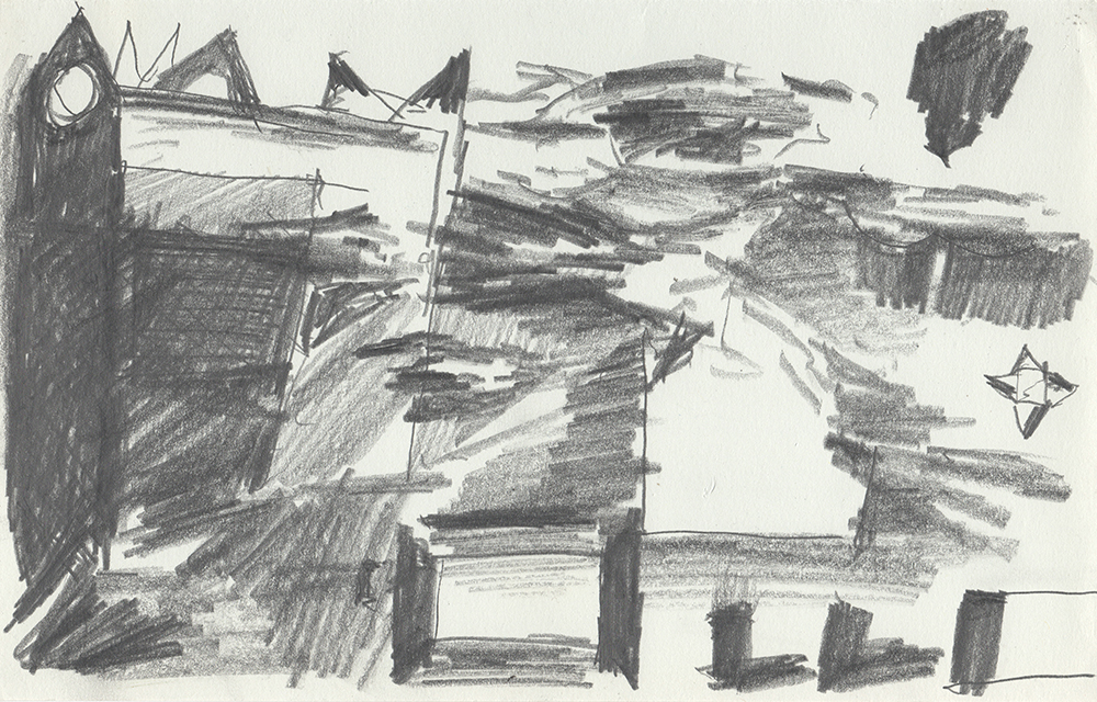 drawing in pencil of a landscape with a large clocktower on the left border