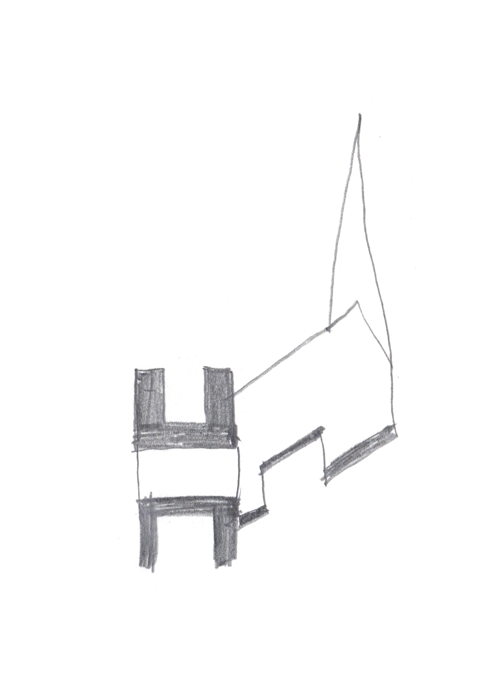 pencil drawing of a dog with a body of a small chapel with a pointy tail